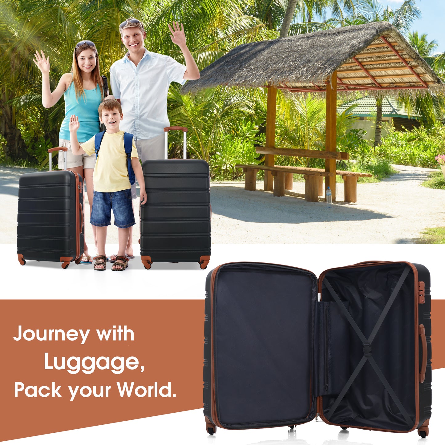 Black hardshell luggage with brown accents on wheels and handle