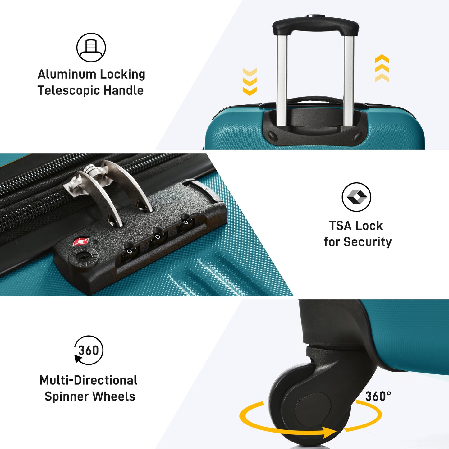 Teal hardside luggage features an aluminum locking telescopic handle for easy transport