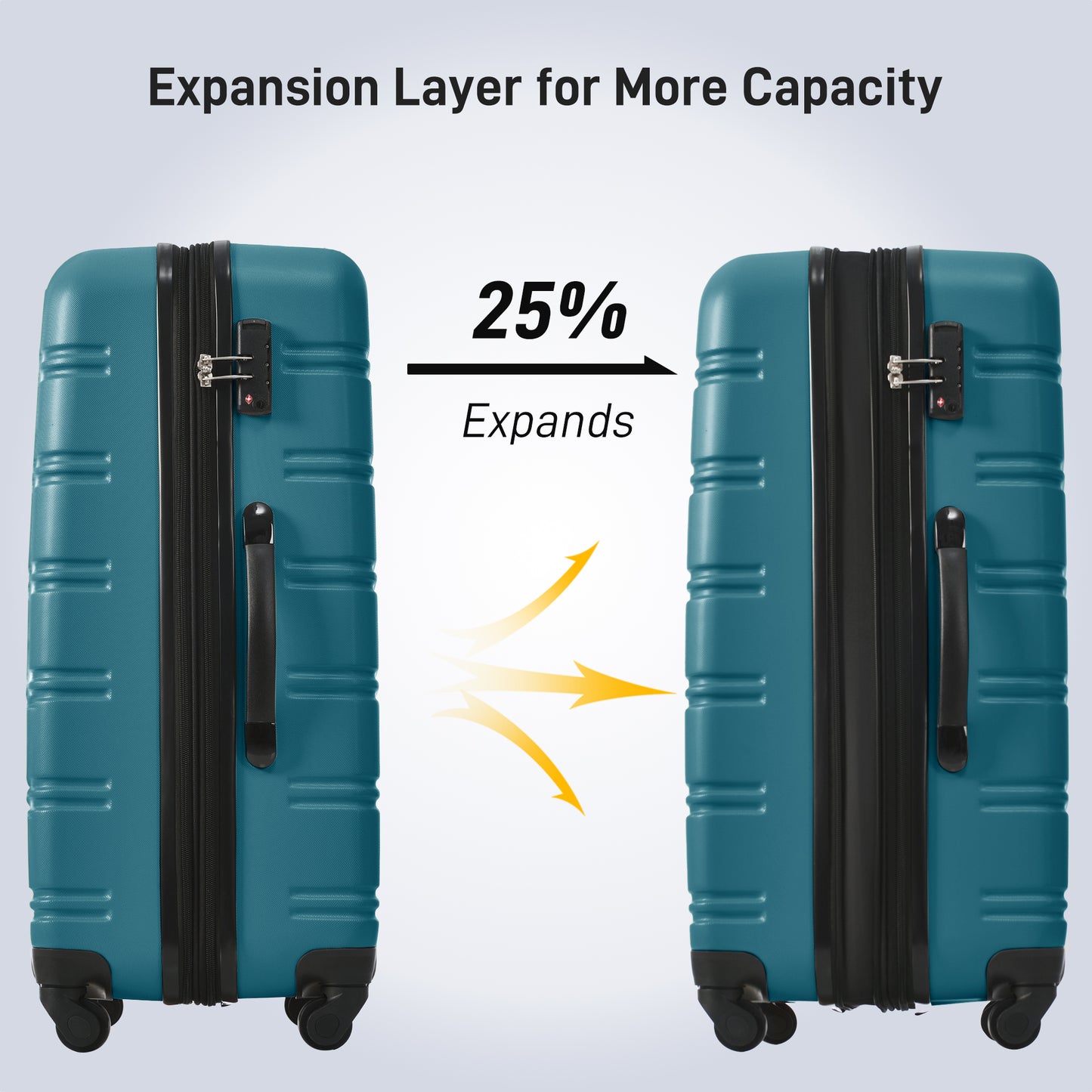 Teal hardside spinner suitcase with TSA lock showing expansion