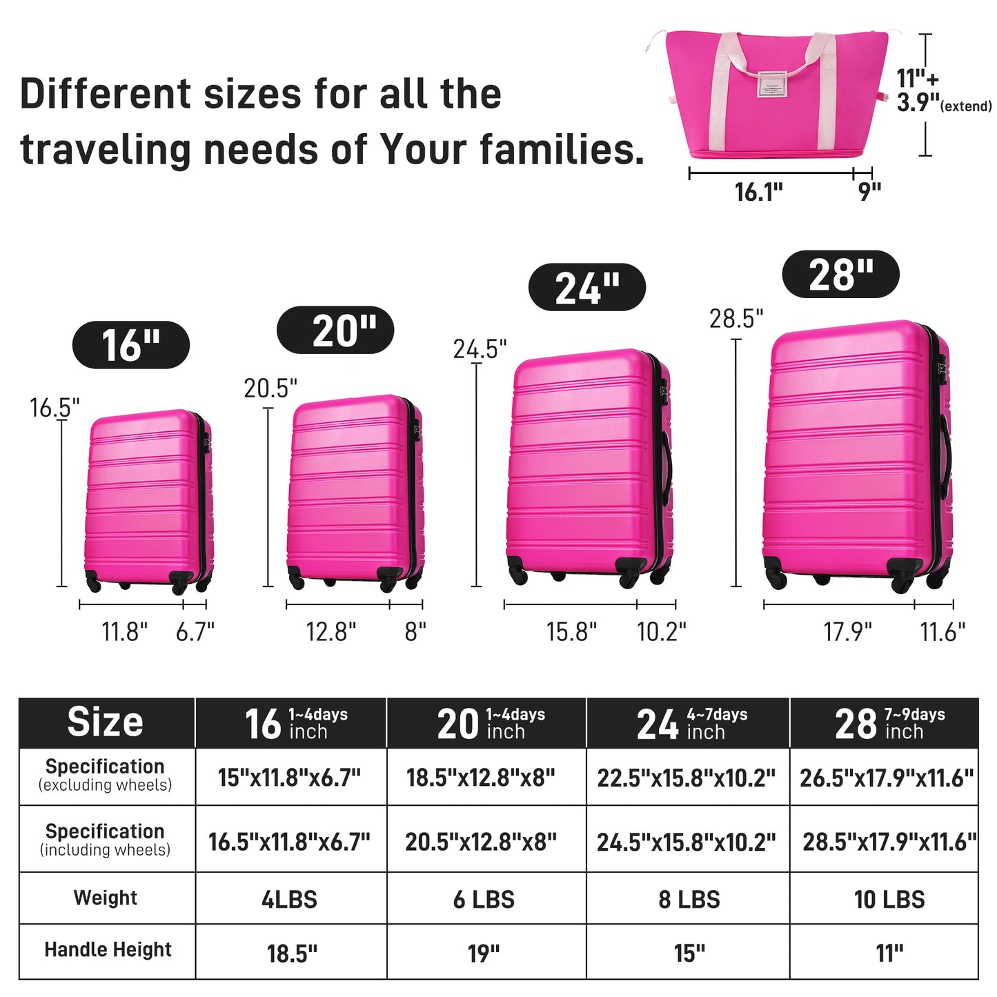 Hot pink inch carryon luggage with four wheels and a textured exterior inches tall