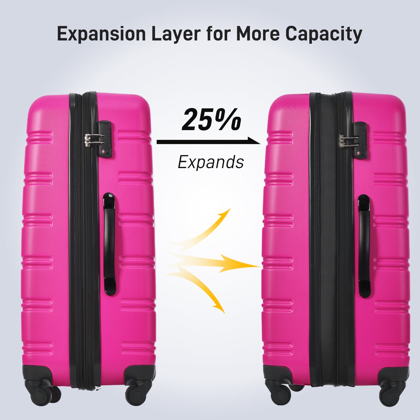 Pink hardside spinner suitcase shown in two states demonstrating expansion for travel
