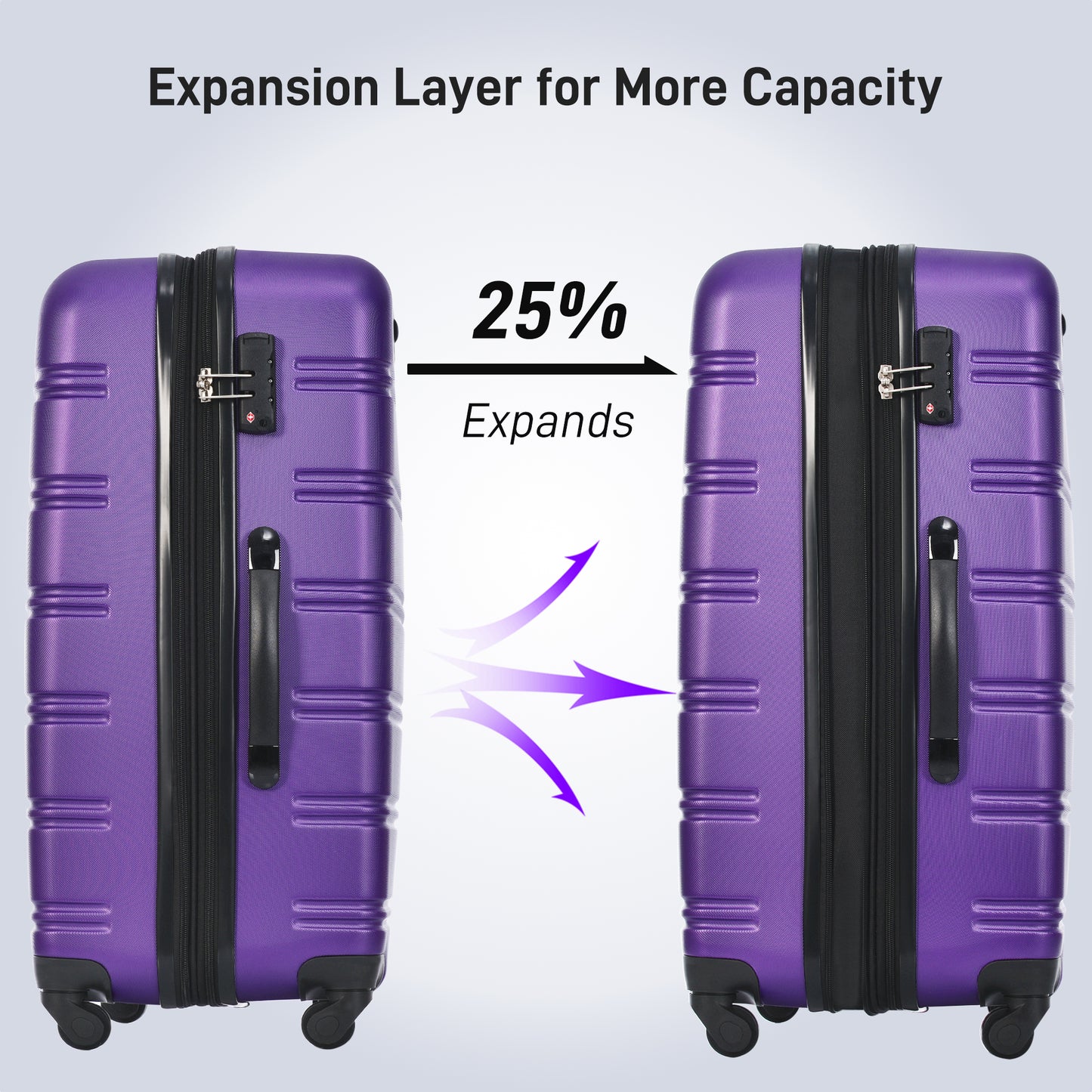 Purple expandable luggage showing expanded capacity with TSA lock