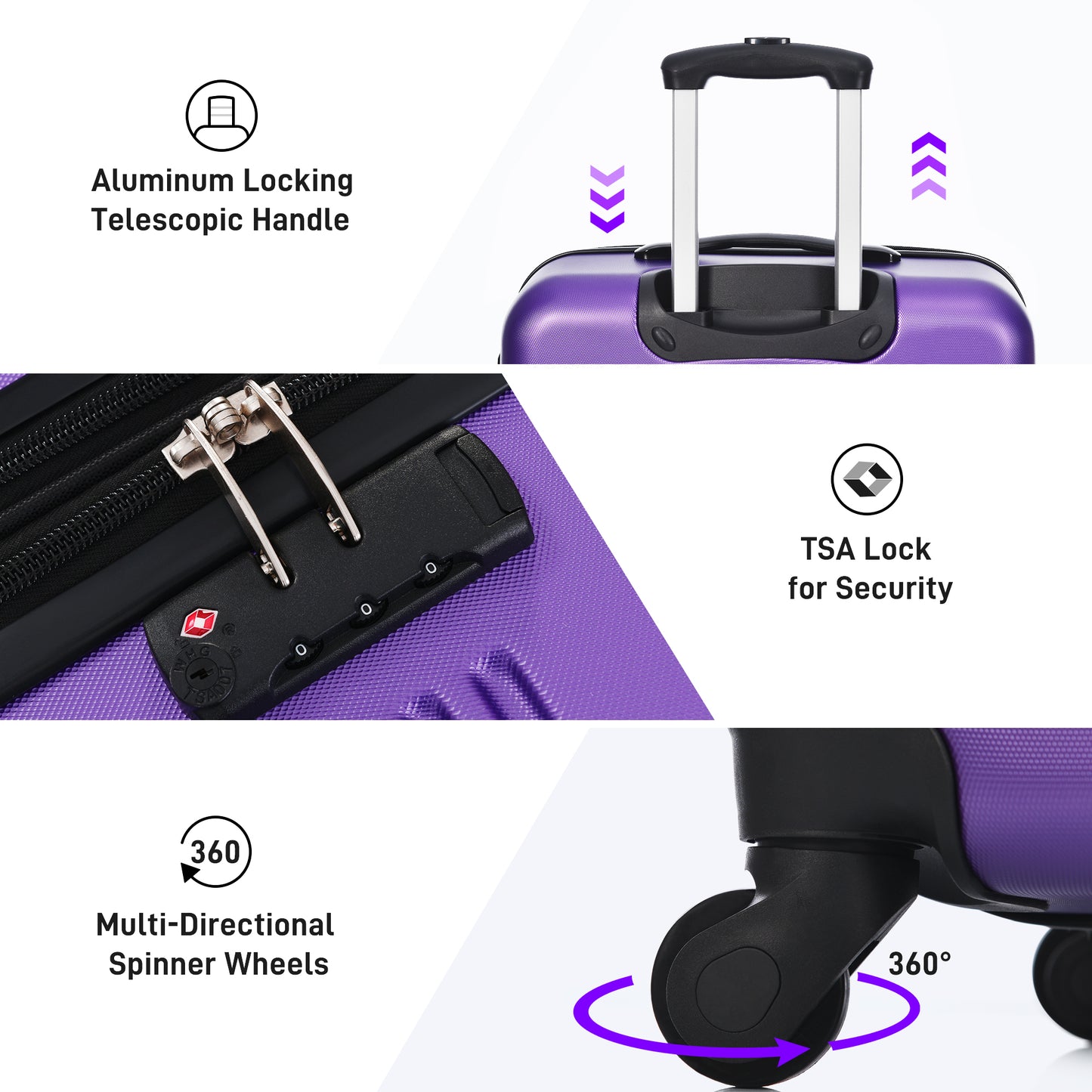 Purple hardside luggage features an aluminum locking telescopic handle for easy transport