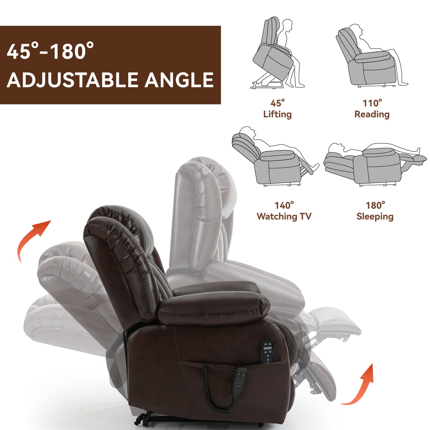 Brown leather power recliner showcasing degree adjustable angles for various uses