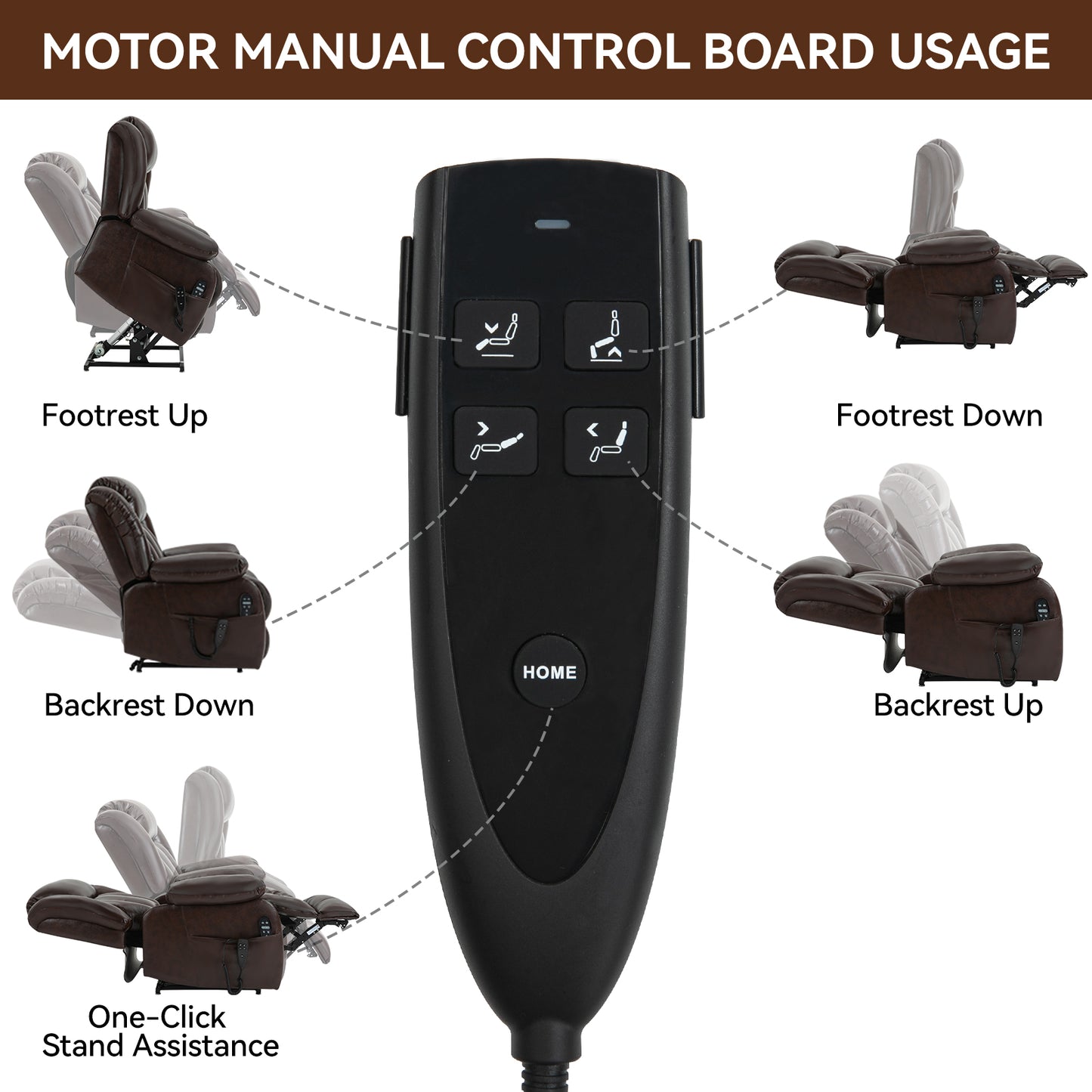 Brown leather recliner with footrest elevated controlled by manual recliner remote
