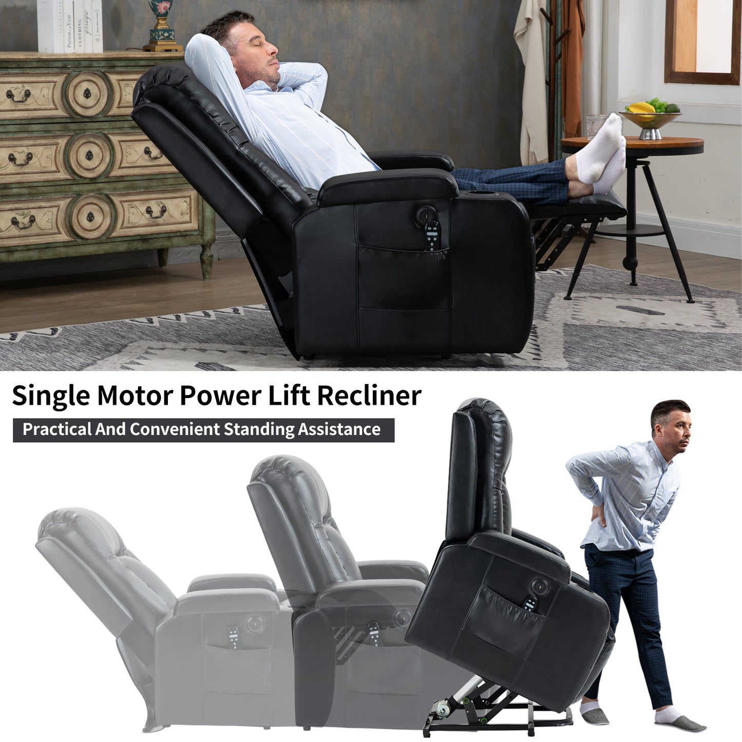 Black leather single motor power lift recliner with remote for comfortable relaxation