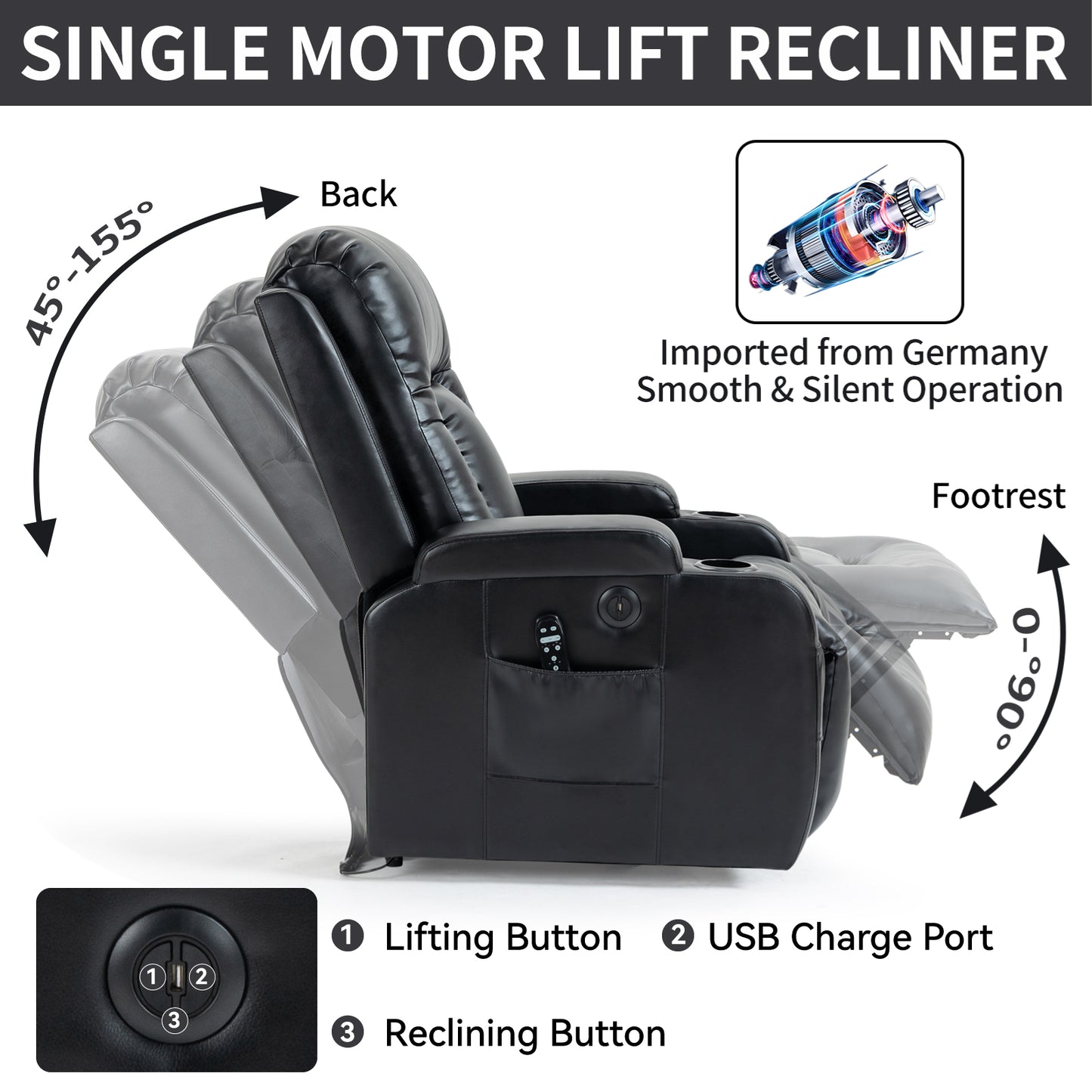 Black single motor lift recliner with adjustable back and footrest