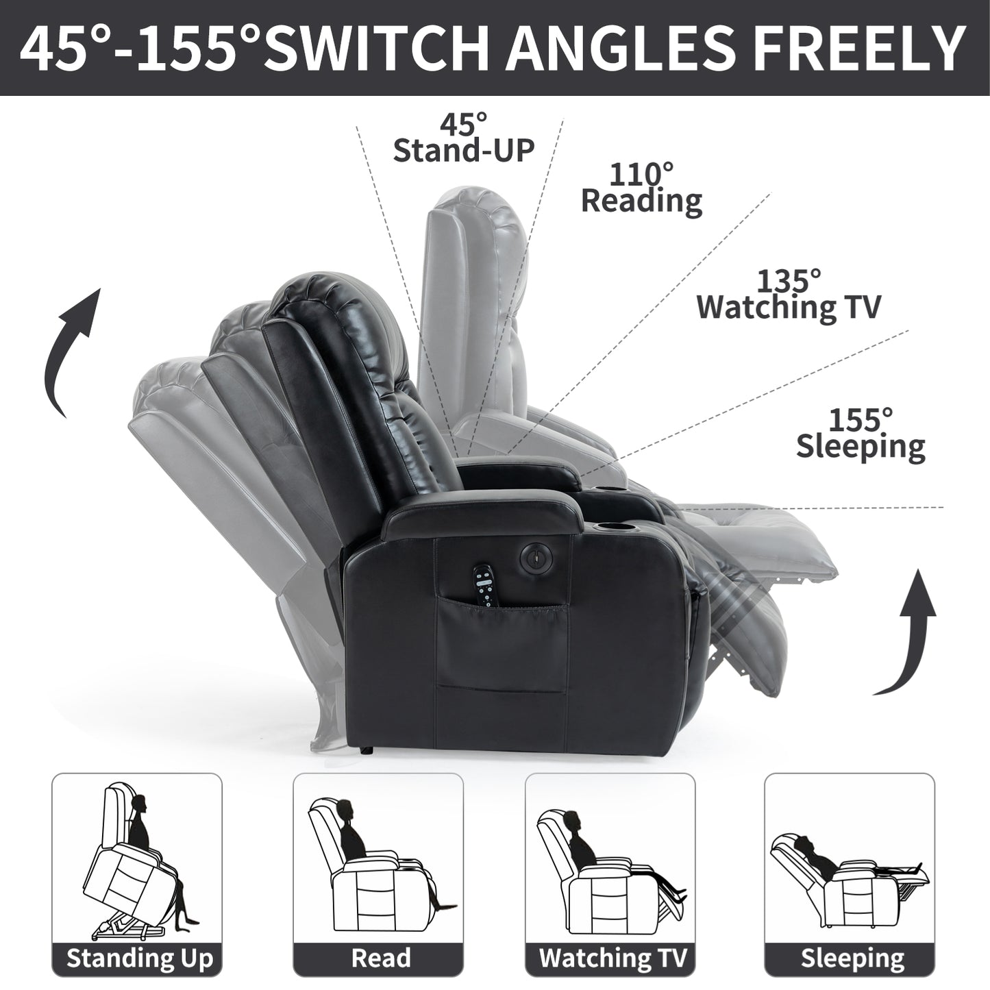 Black leather power recliner chair with adjustable angles for standing reading watching TV and sleeping