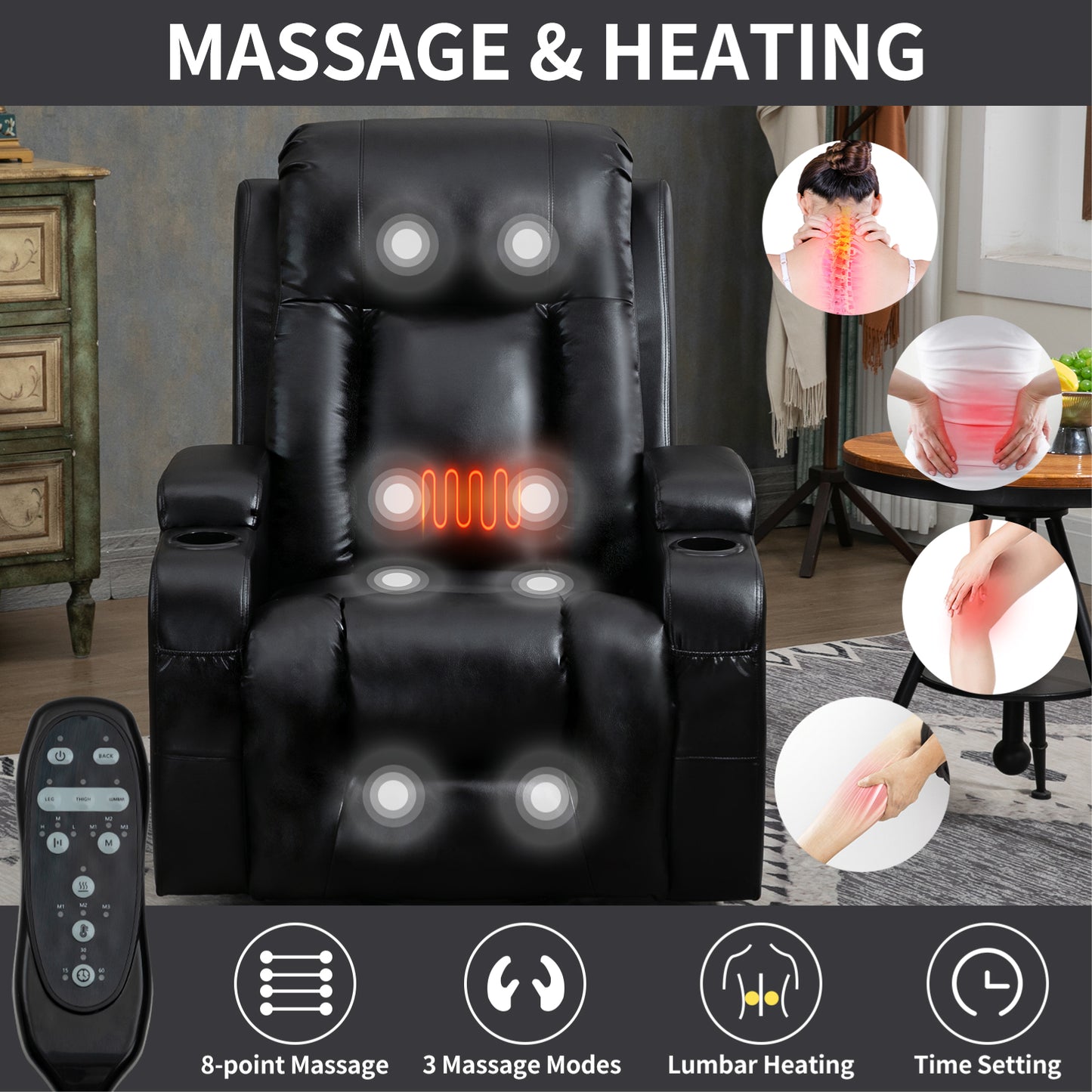 Black leather massage recliner with heat and remote control