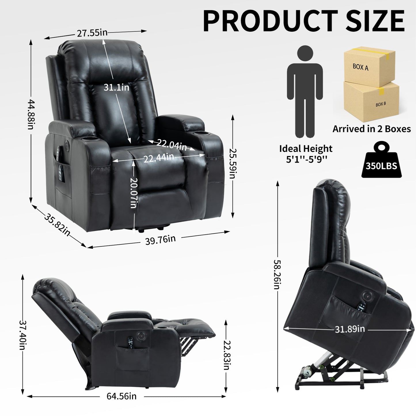 Black leather power lift recliner with cup holders and side storage pocket for ultimate comfort