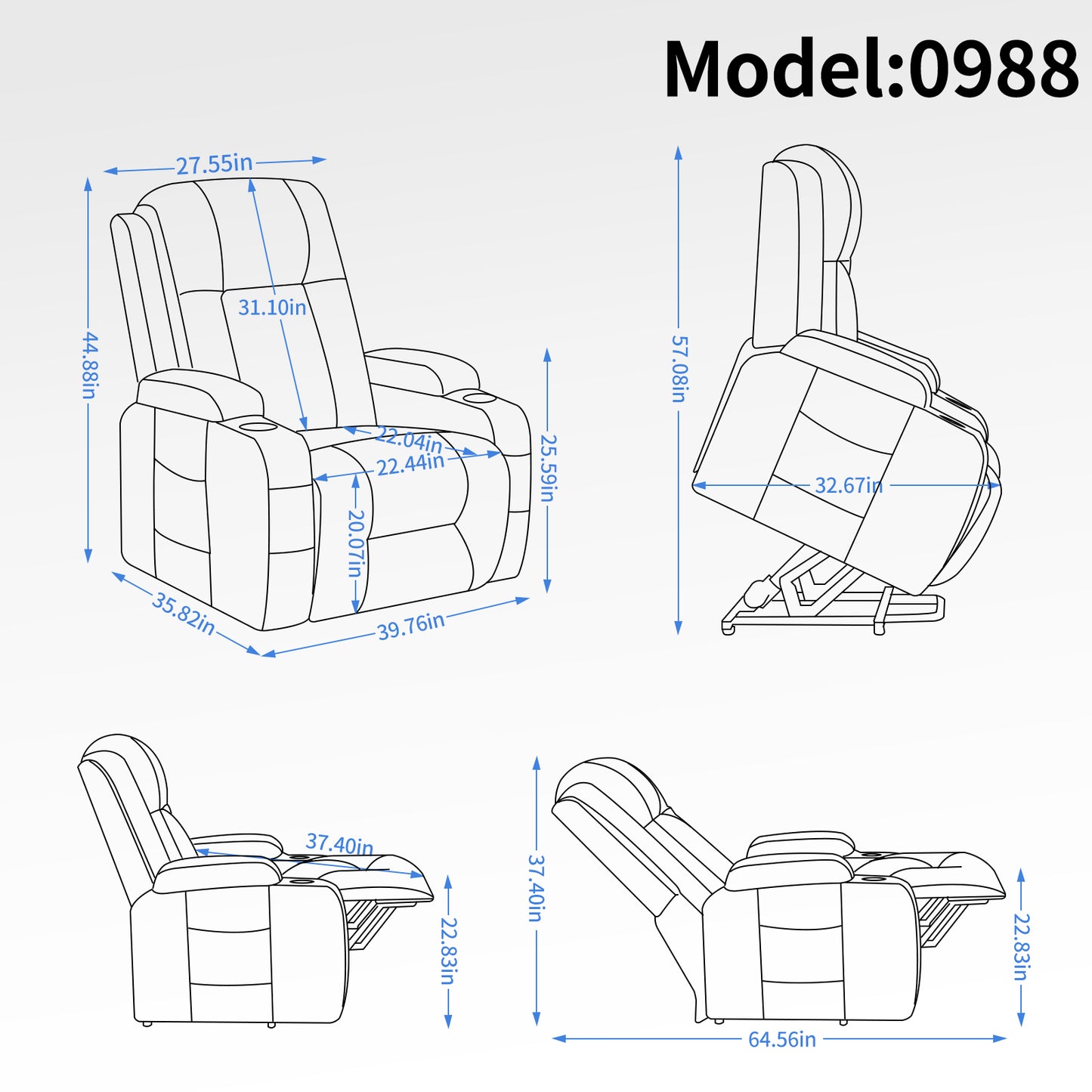 Blueprint of recliner chair Model showing dimensions for height width and depth