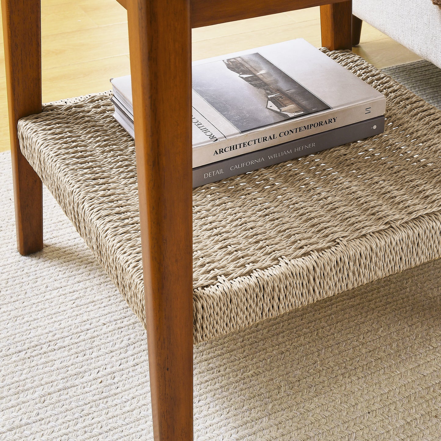 Natural jute rope seat of a modern dining chair offering comfortable seating