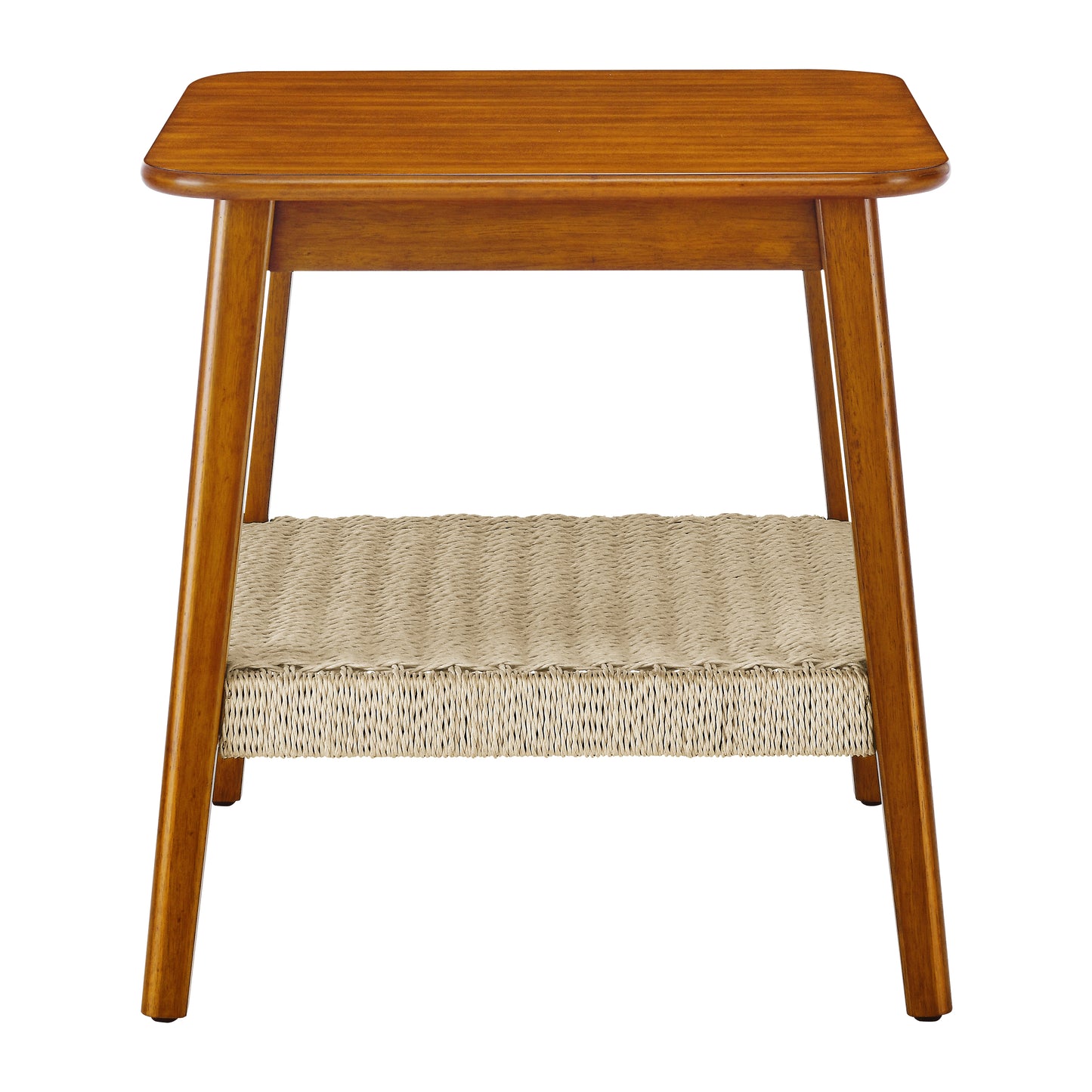 Wooden end table with woven shelf and rounded edges