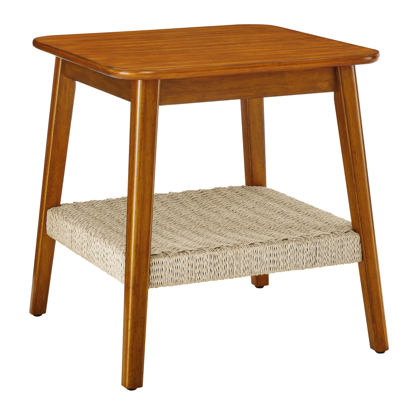 Modern wood end table with woven shelf perfect for living rooms