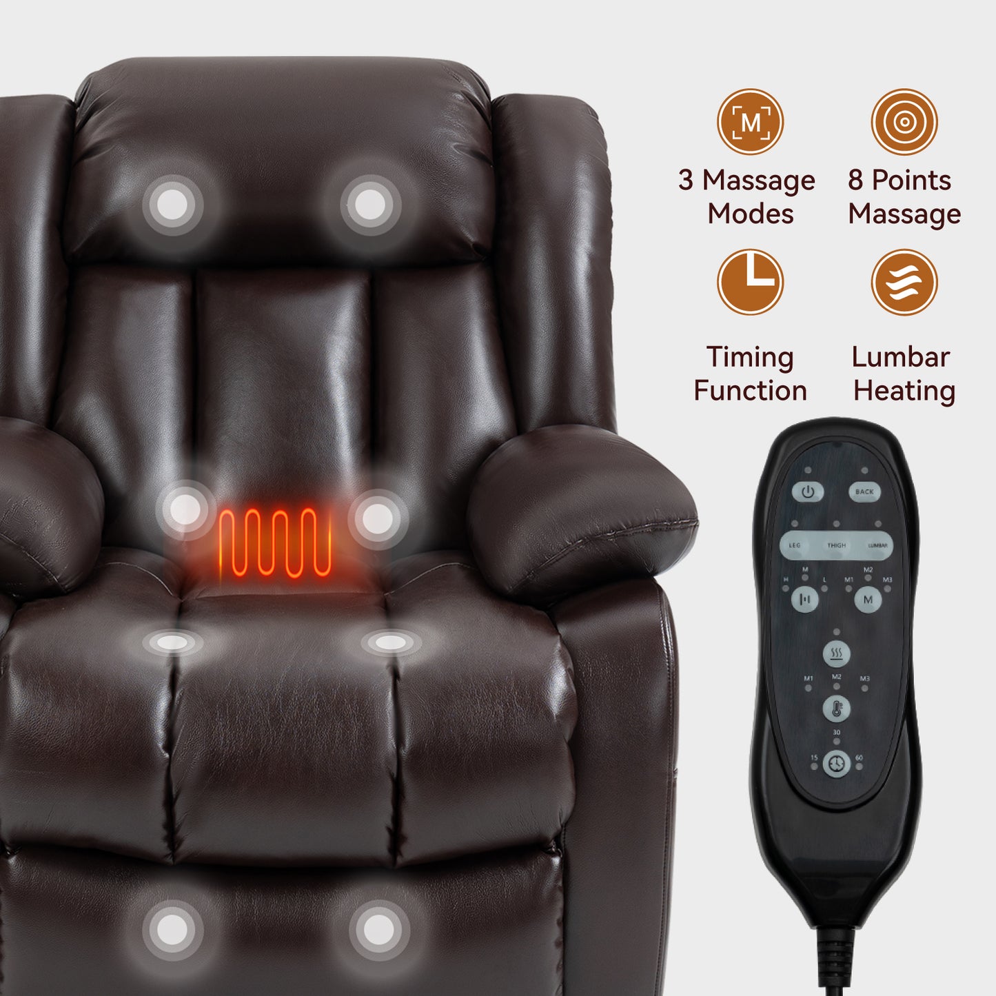 Brown faux leather massage recliner with lumbar heating and massage points for ultimate relaxation