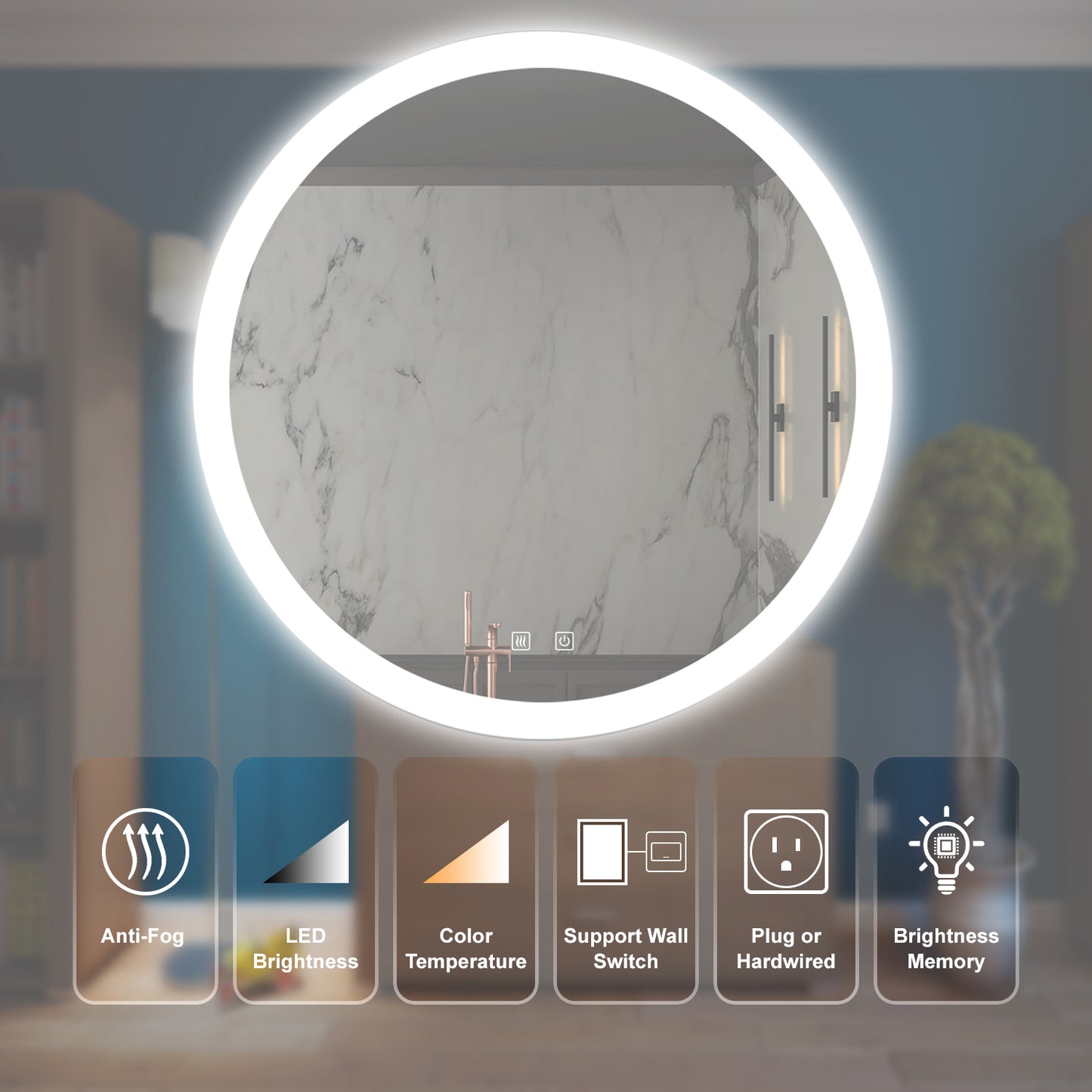 Round LED vanity mirror with antifog feature for bathrooms