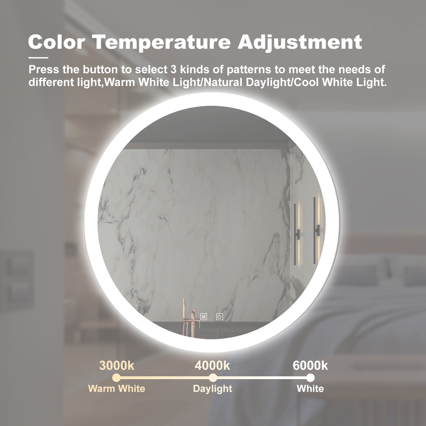 Round LED bathroom mirror with adjustable color temperature kk