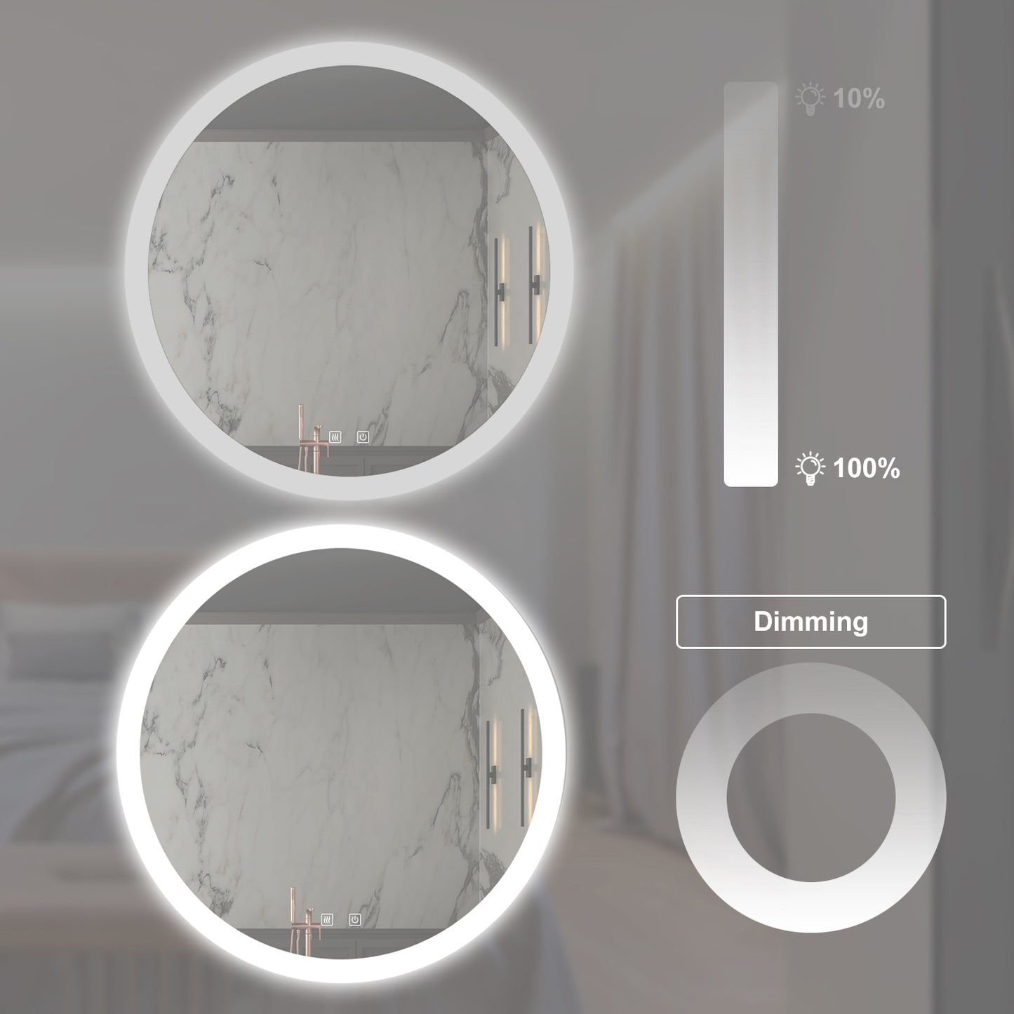 Round LED vanity mirror with adjustable dimming feature