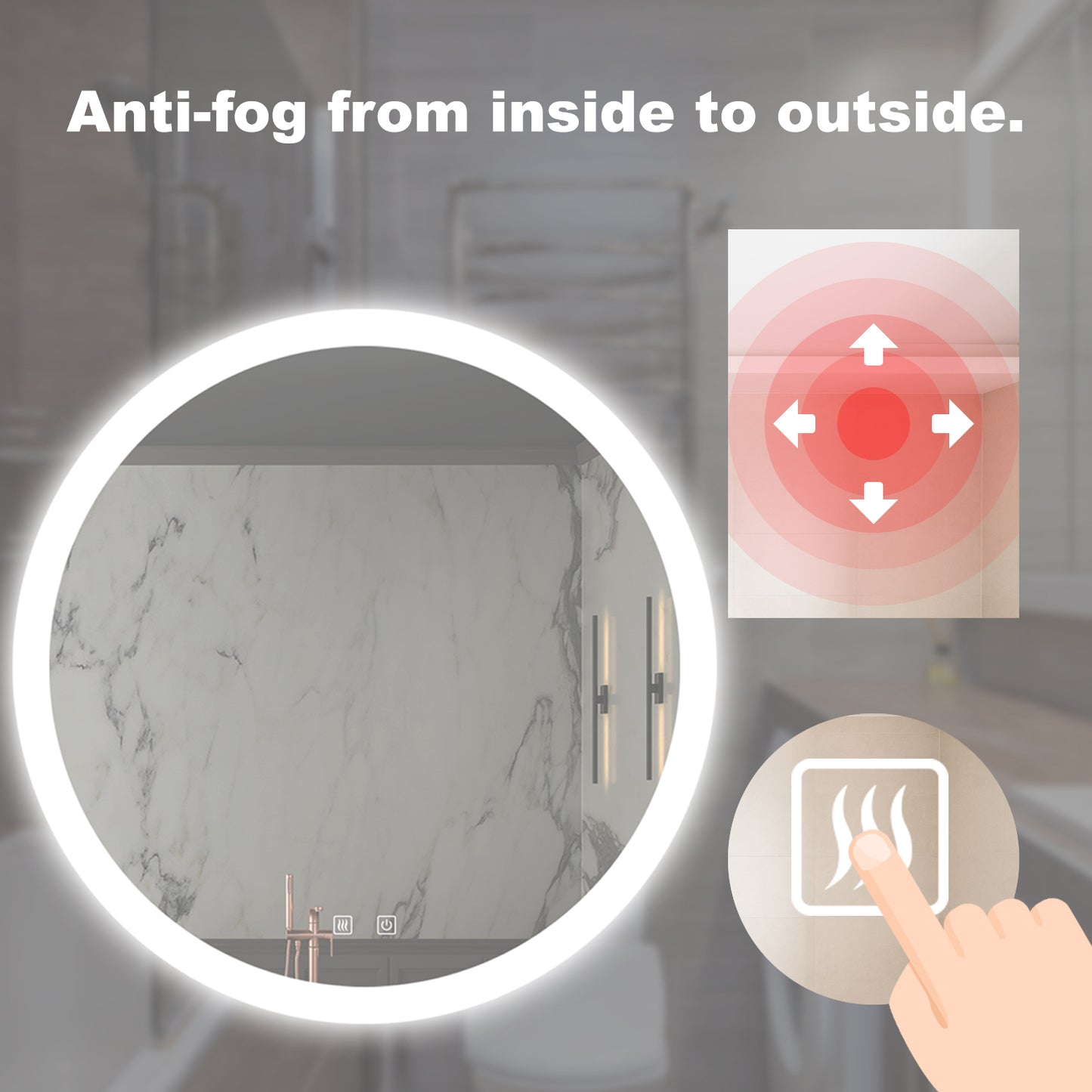 Illuminated round bathroom mirror with antifog feature and touch controls