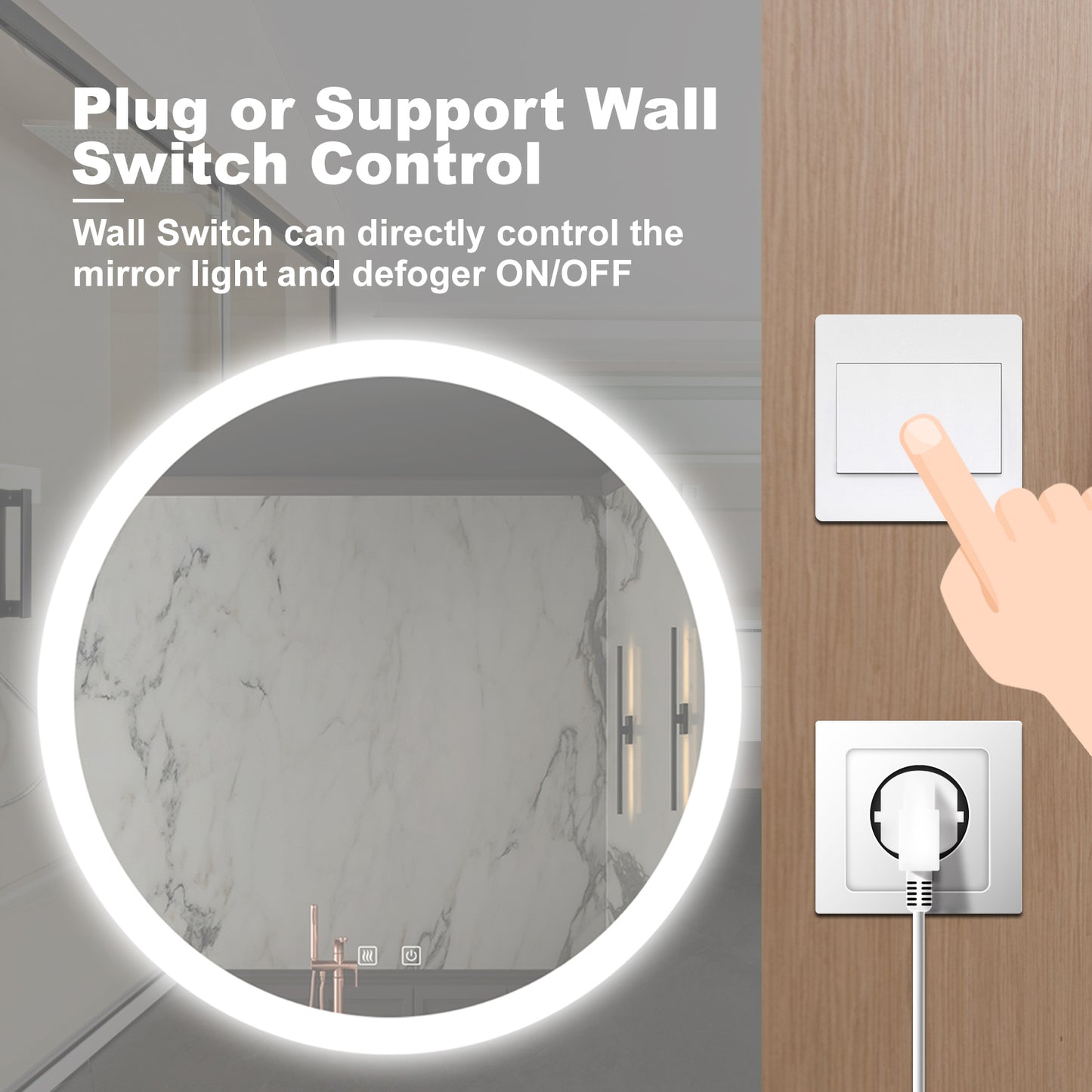 Bathroom mirror with integrated LED light and touch controls