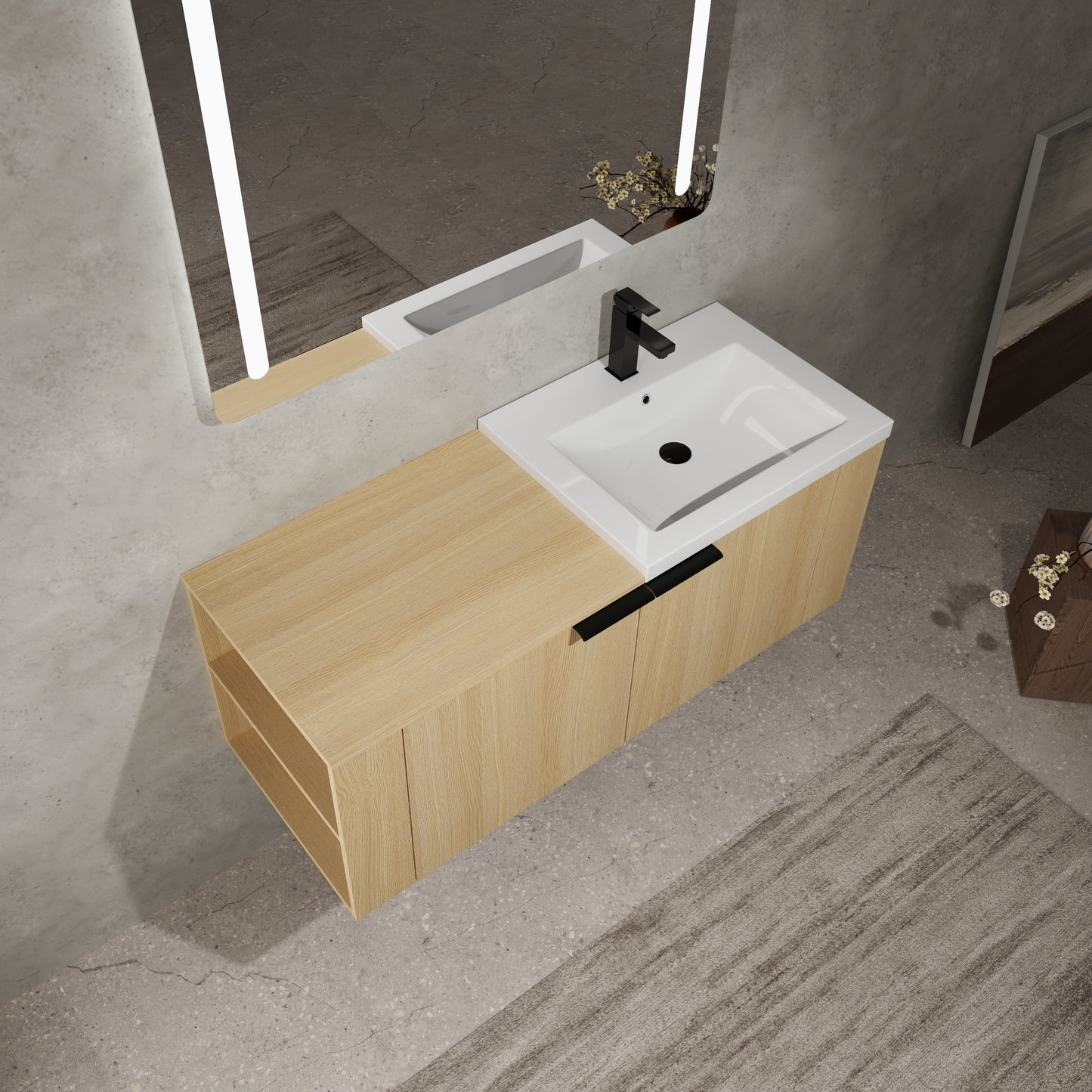 Modern oak bathroom vanity with integrated white sink and black faucet