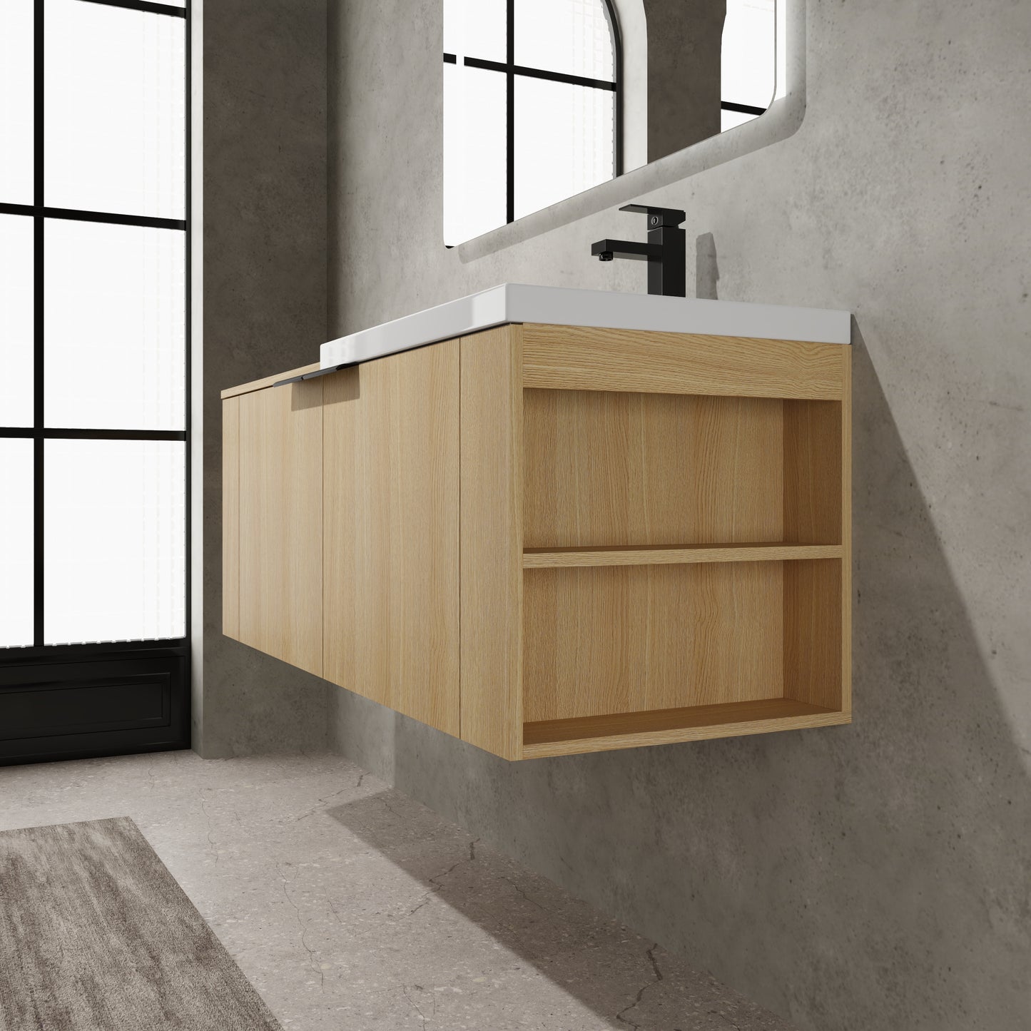 Modern oak vanity with white countertop and black faucet