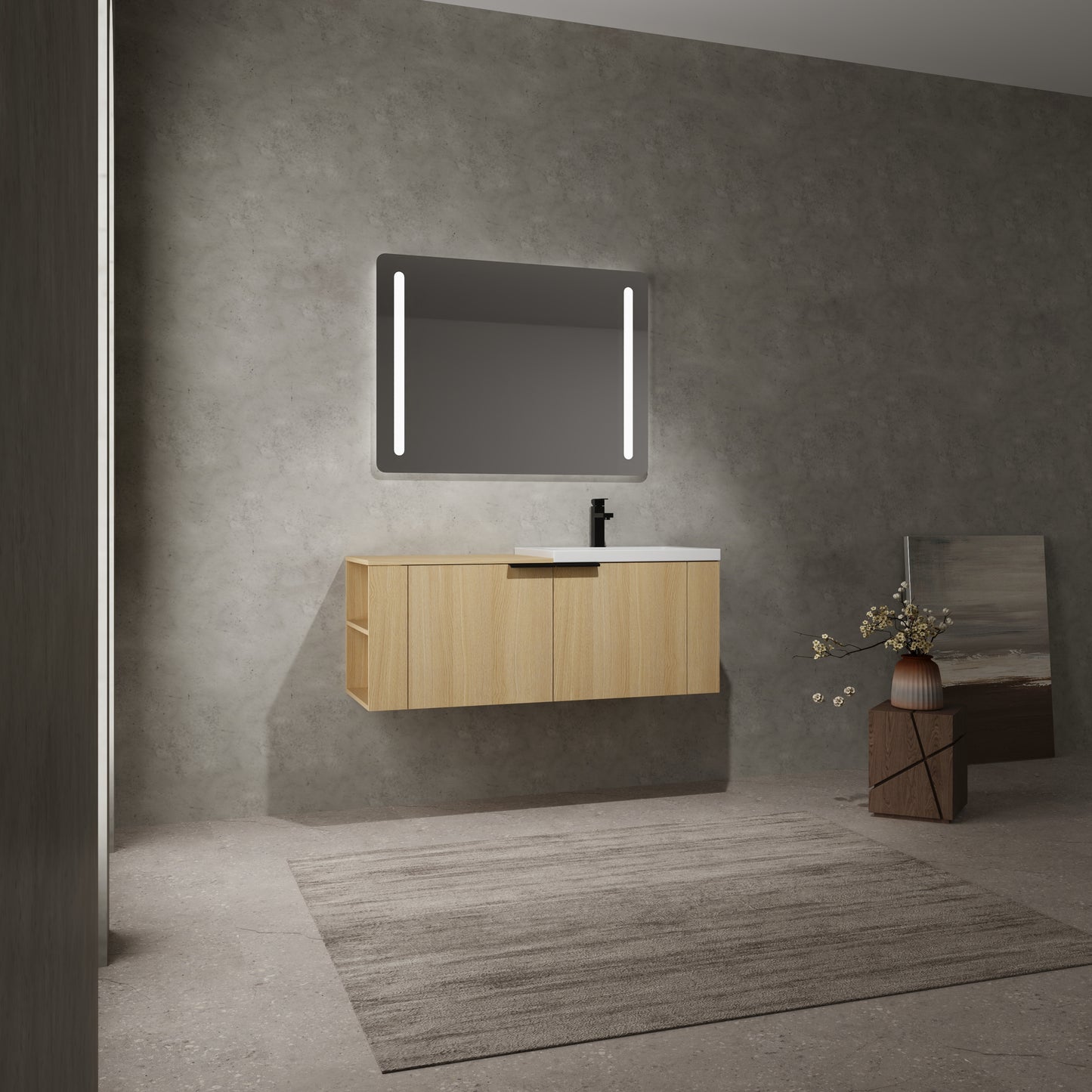 Modern floating oak bathroom vanity with integrated white countertop and LED mirror