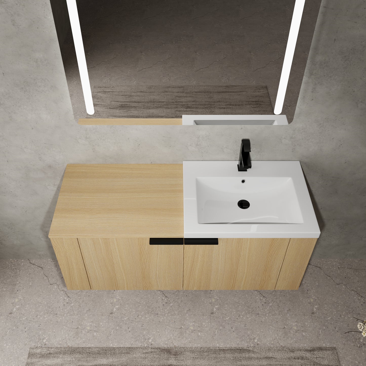 Modern oak and white bathroom vanity with integrated sink and black faucet