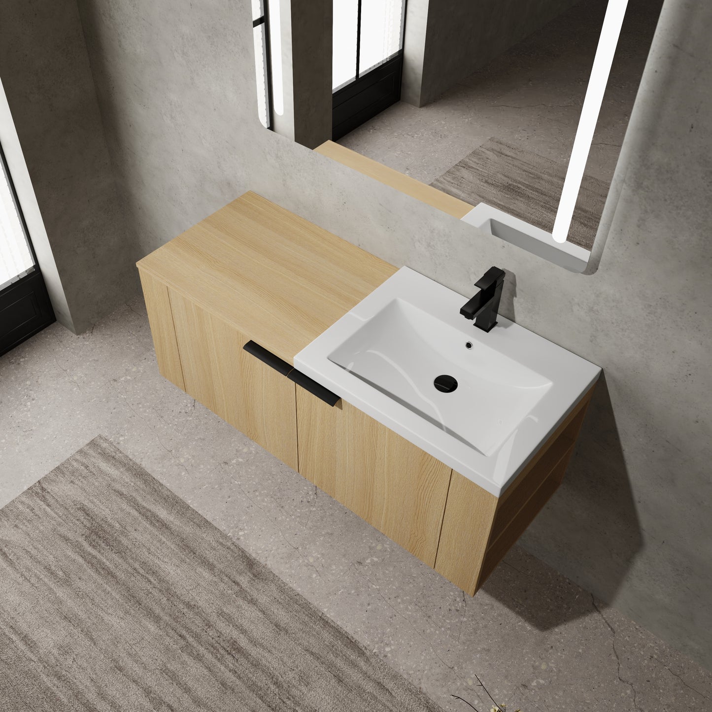 Modern oak vanity with white ceramic sink and black faucet in a minimalist bathroom