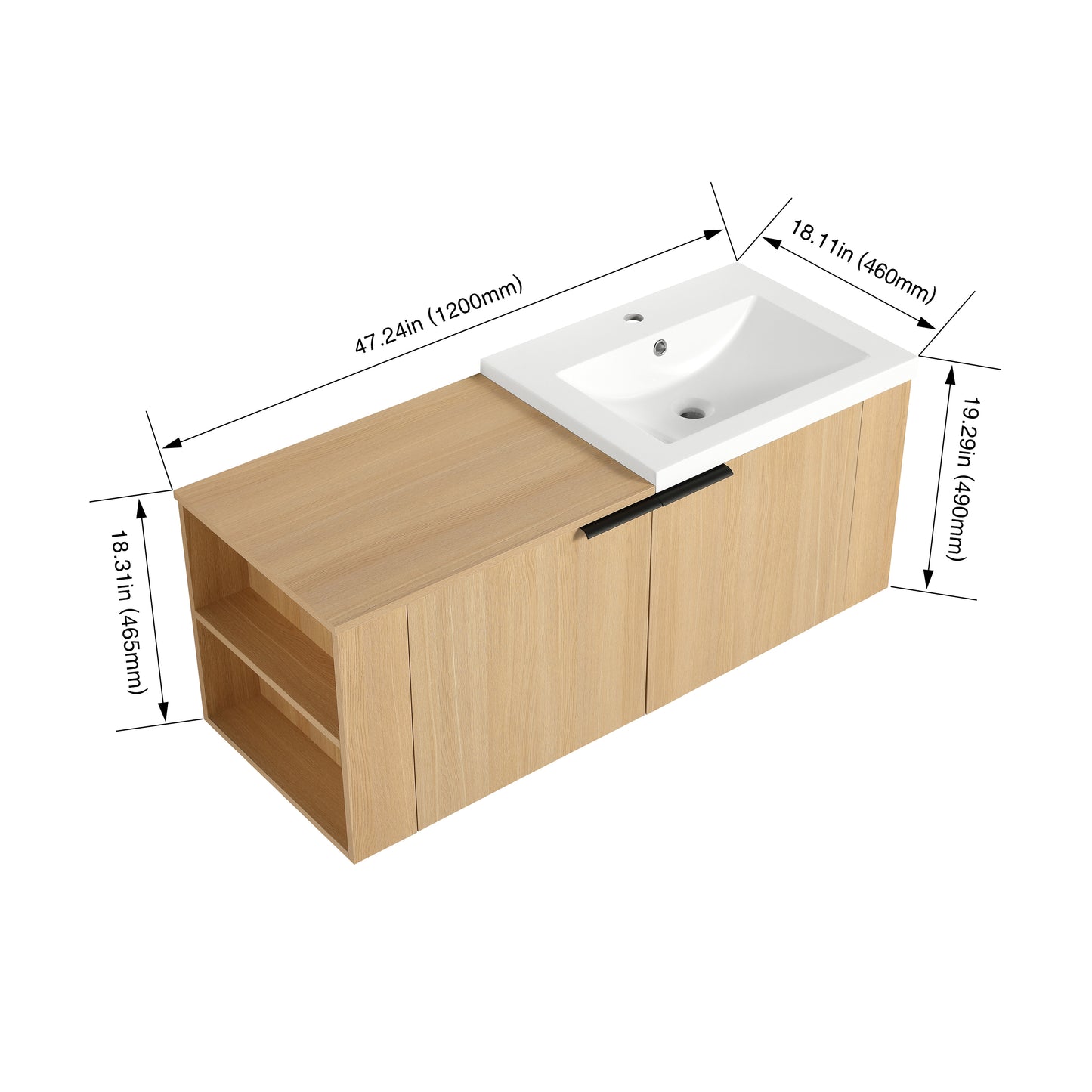 Modern oak bathroom vanity with white ceramic sink and open shelving