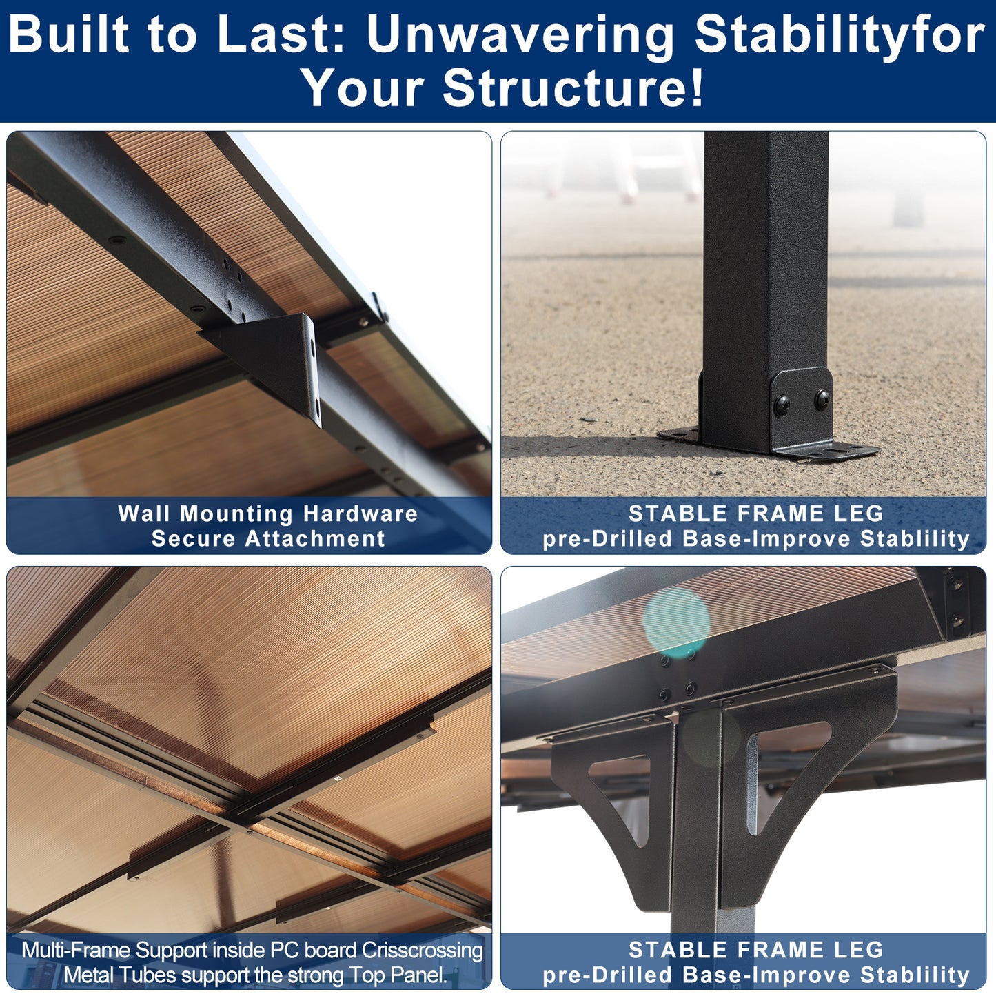 Closeup of black metal wall mounting hardware securing a polycarbonate panel to a frame