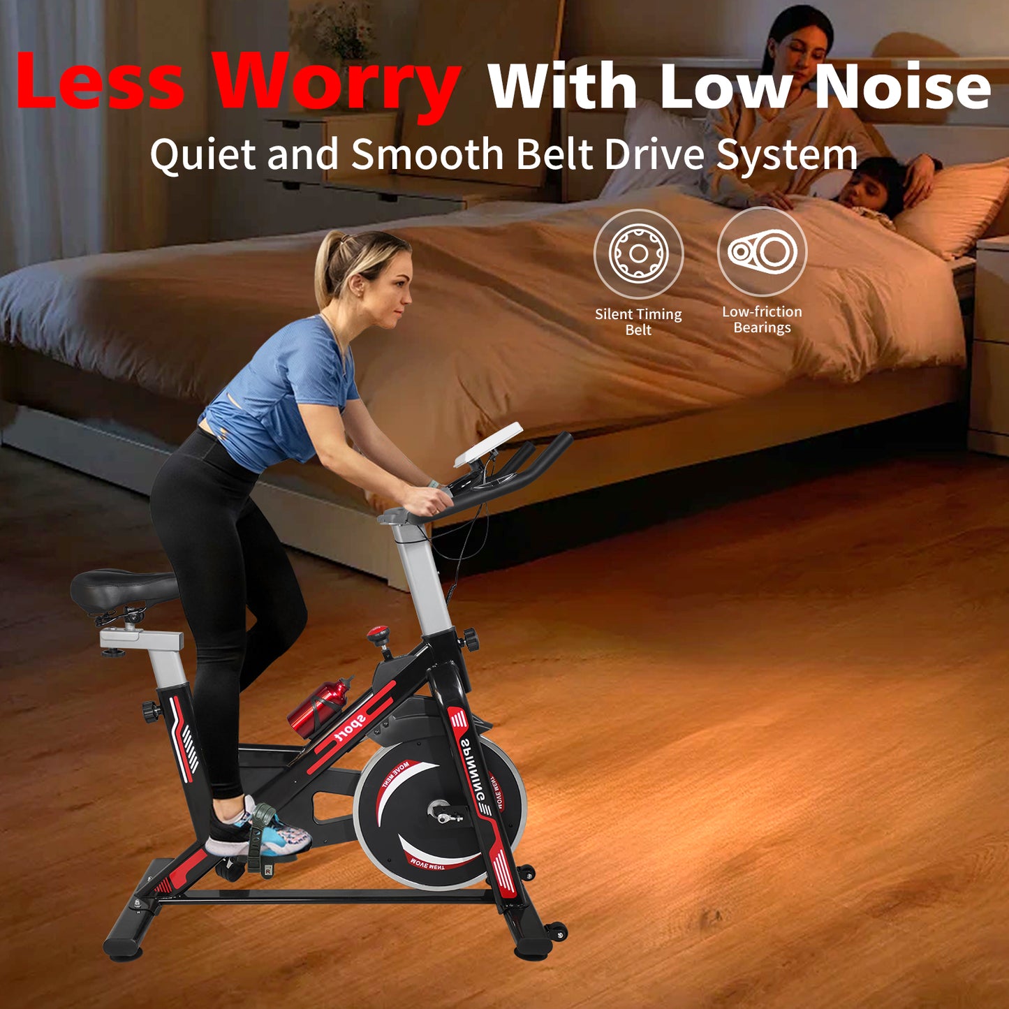 Black and red stationary bike with silent belt drive system