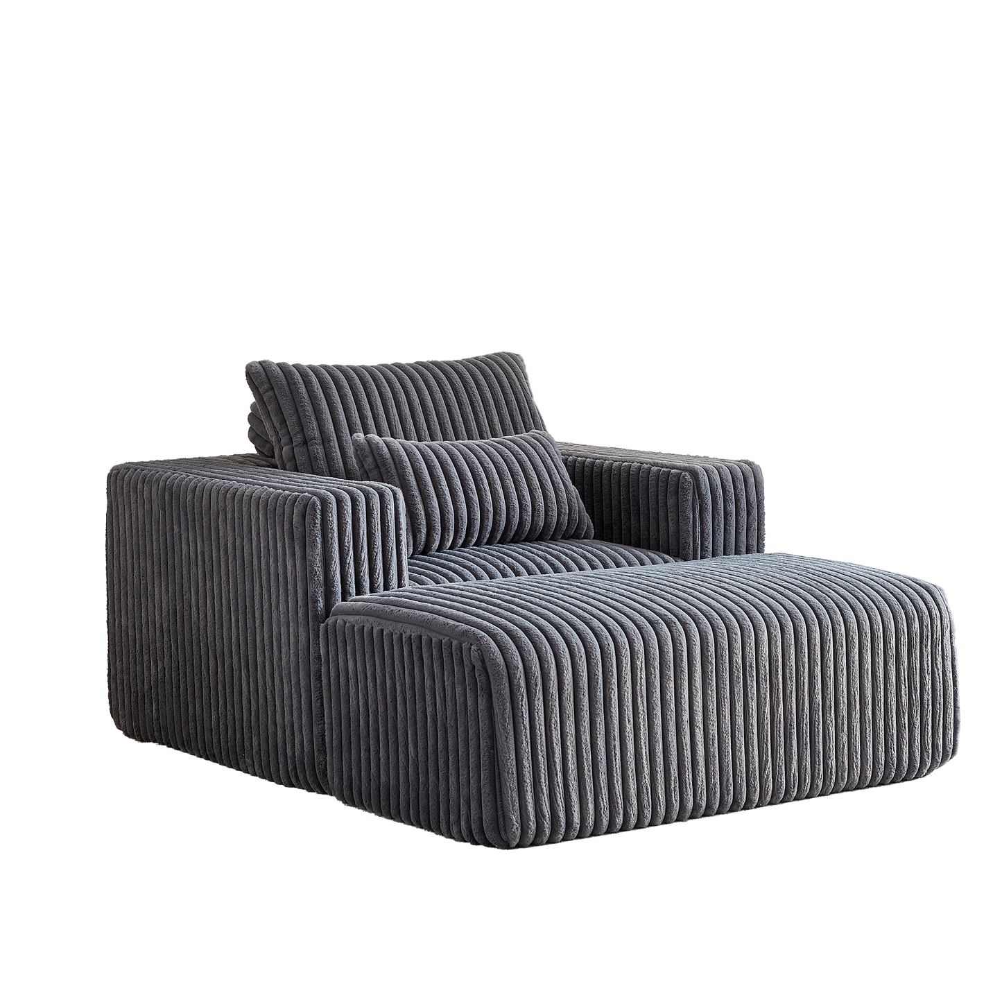 Plush grey corduroy armchair with matching ottoman and accent pillow on a patterned rug