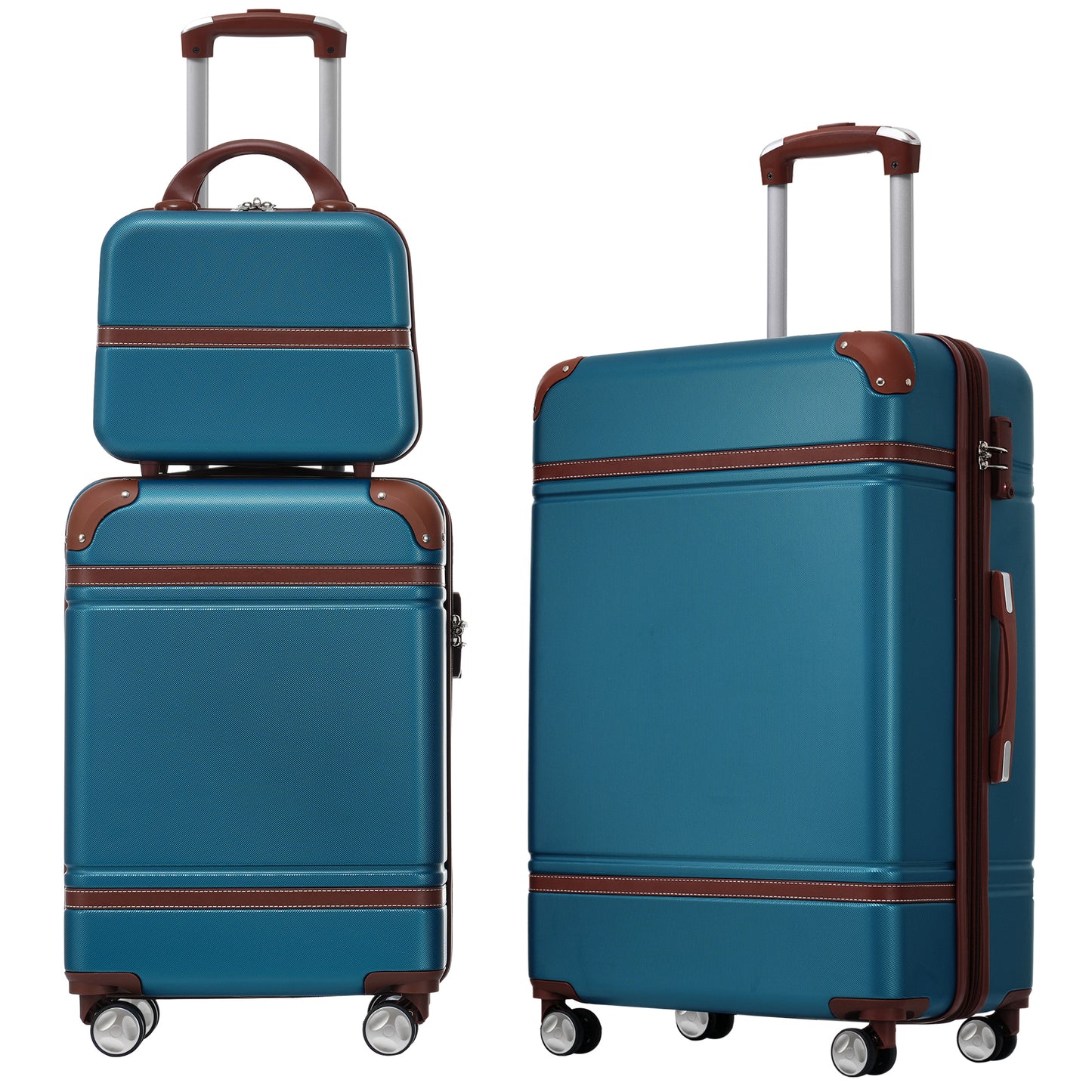 Teal hardshell travel suitcase with brown trim and telescopic handle