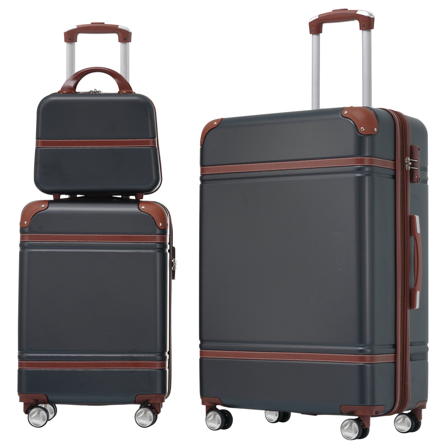 Classic dark grey luggage set with brown trim and silver wheels