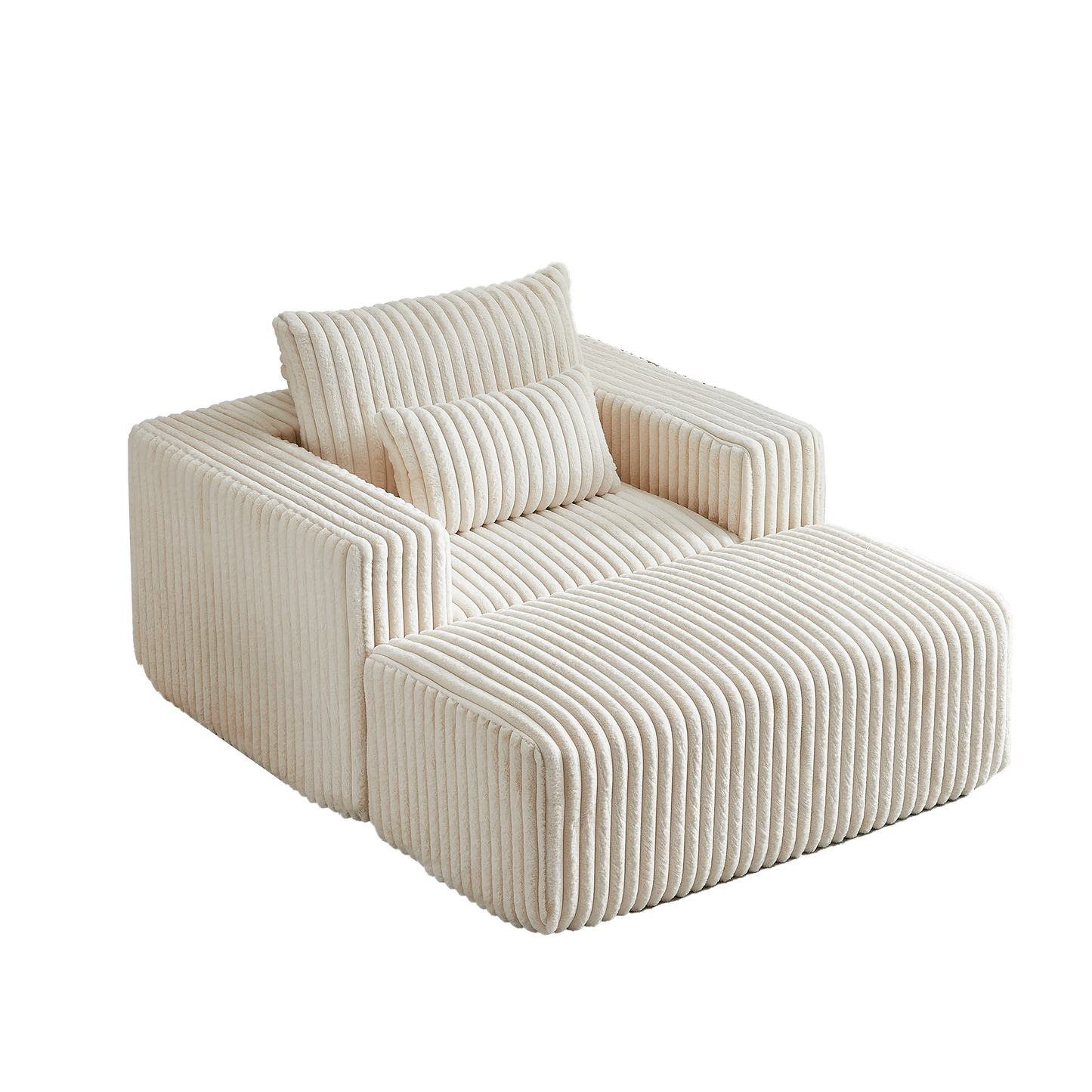 Cream corduroy sectional sofa with a modern plush design and matching ottoman