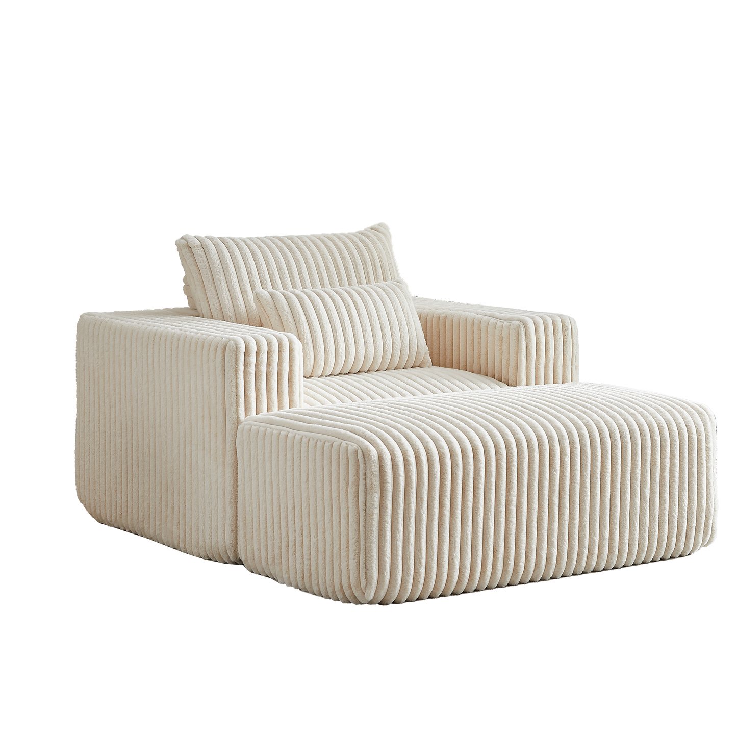 Cream corduroy modular sofa section with plush fabric and ottoman