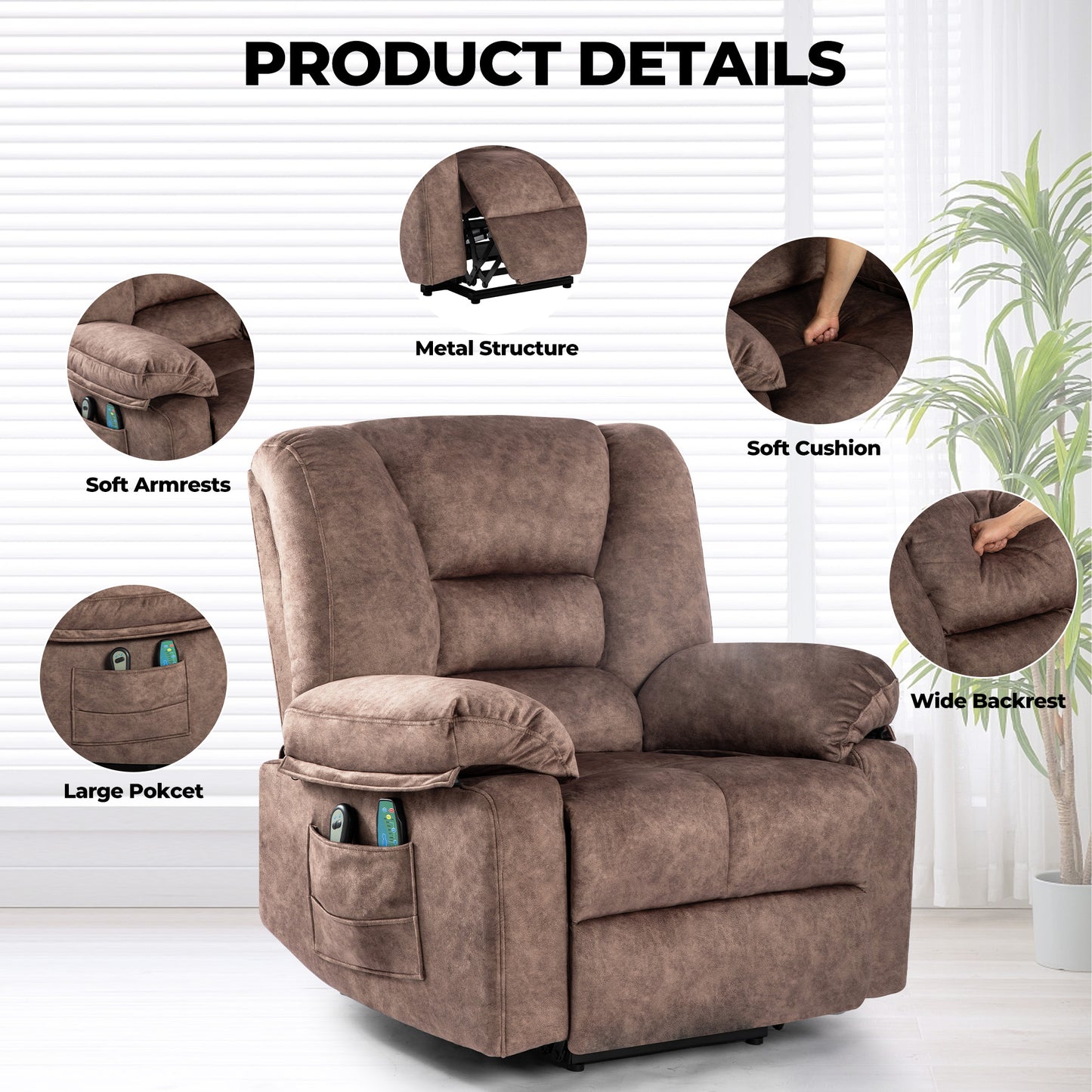Brown recliner chair with plush upholstery soft armrests and large pockets for remote storage