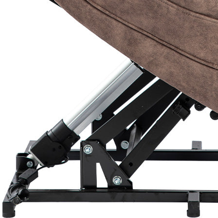 Closeup of electric recliner lift mechanism with metal frame and brown fabric