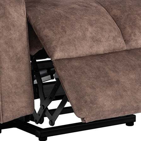 Closeup of brown recliner mechanism and fabric texture