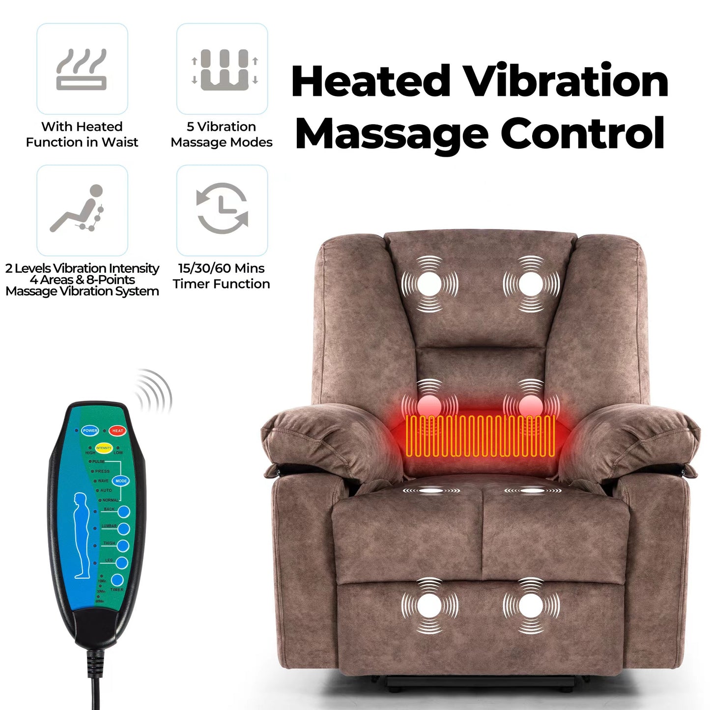Brown massage recliner chair with heated waist function modes and timer