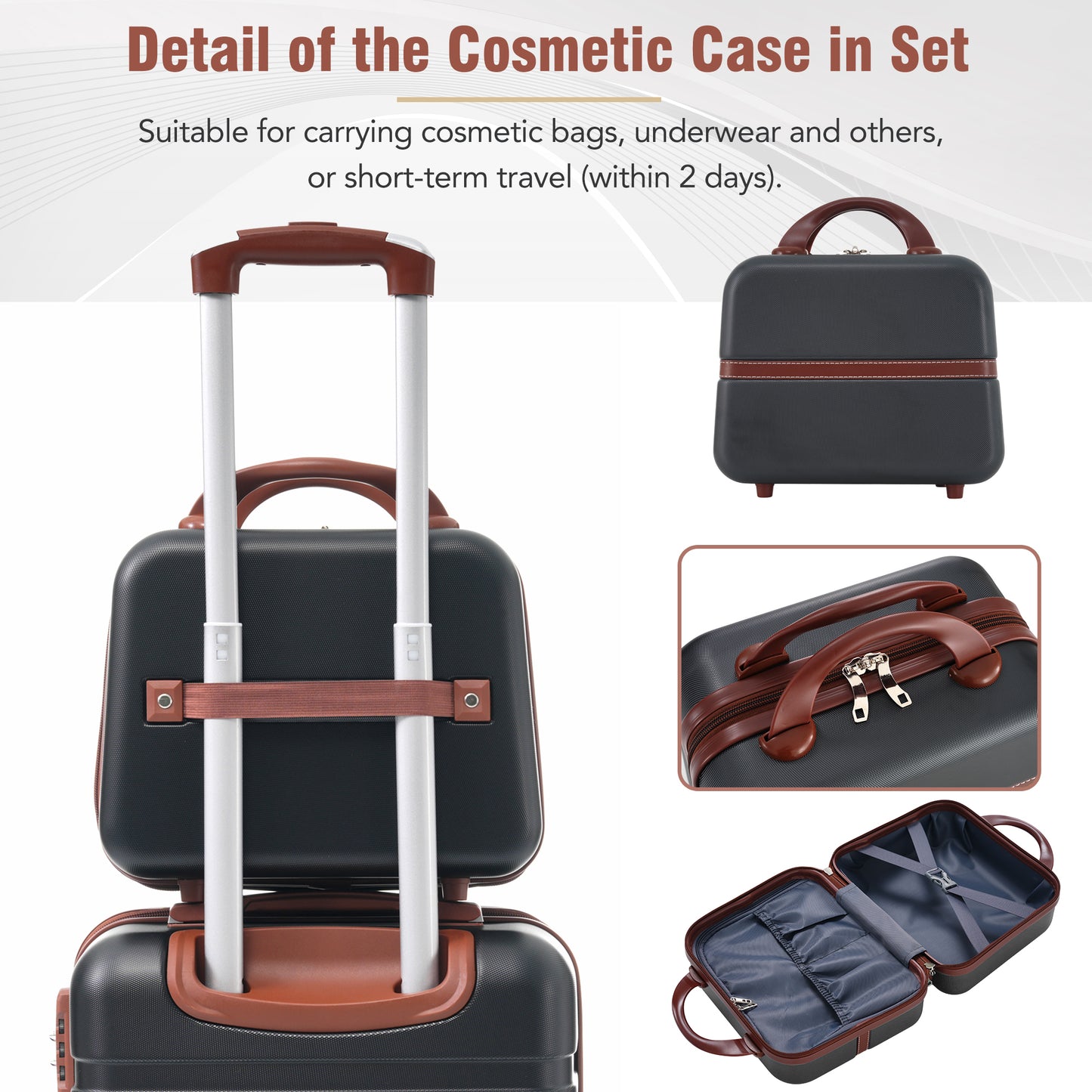 Dark gray cosmetic case with brown trim and handle showing trolley attachment