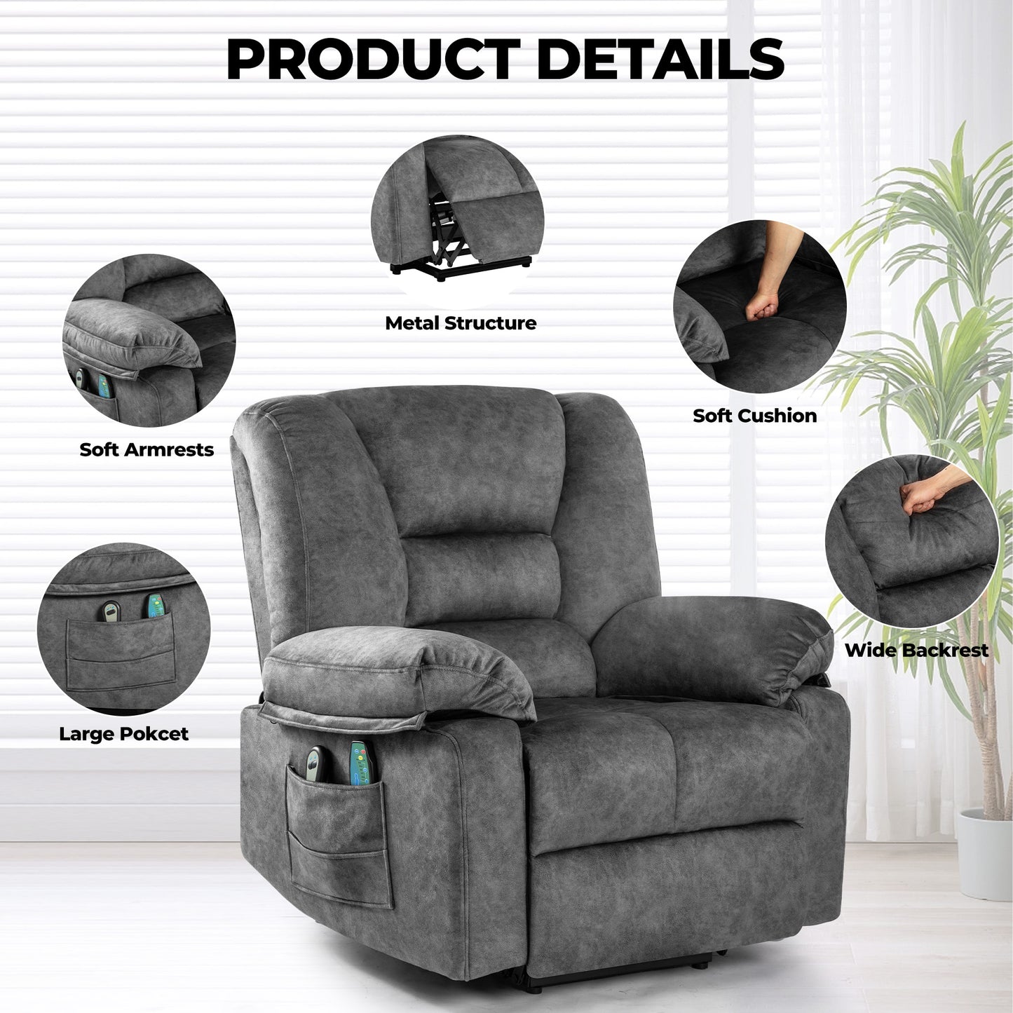 Dark gray recliner chair featuring a durable metal structure for stability