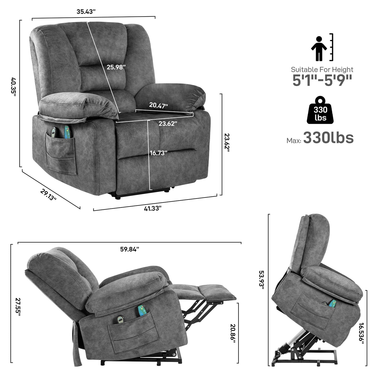 Gray power lift recliner with side pocket and remote ideal for seniors