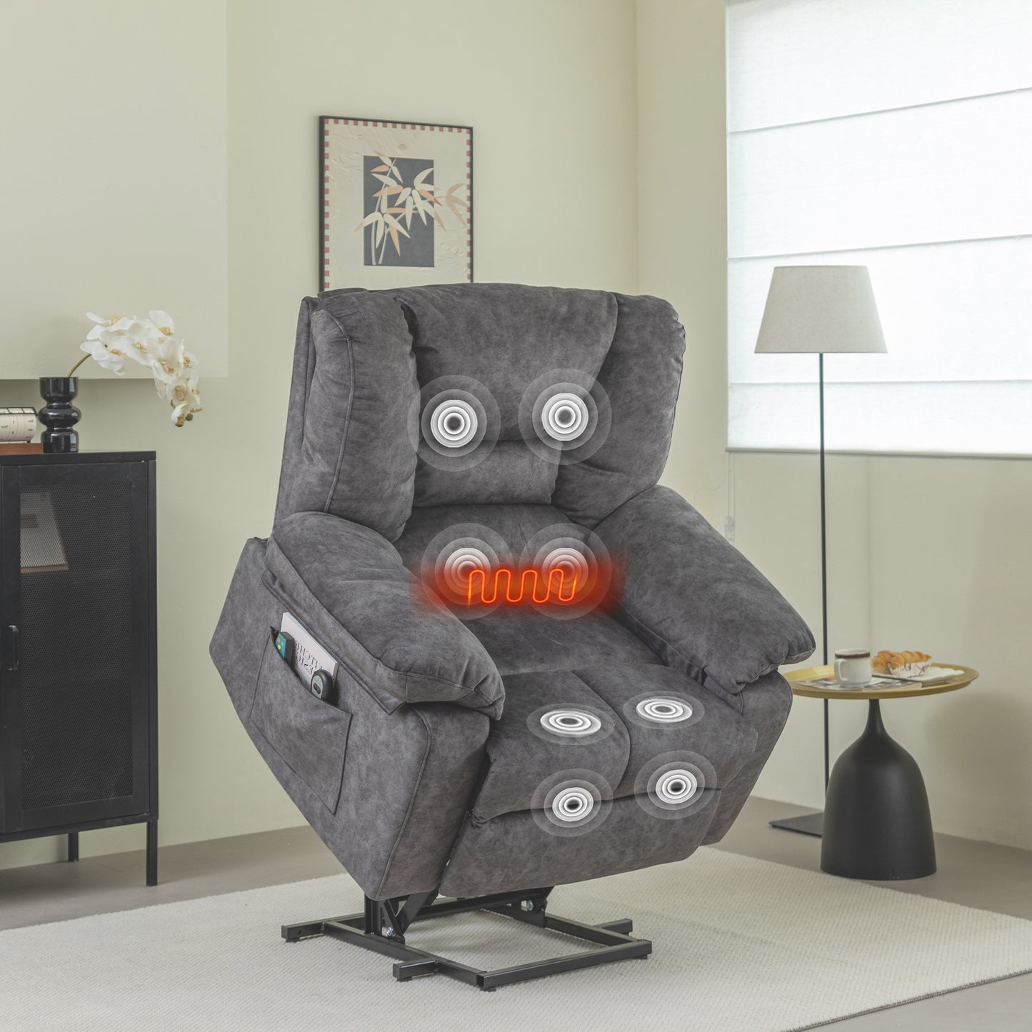 Dark gray fabric recliner chair with massage zones for ultimate relaxation