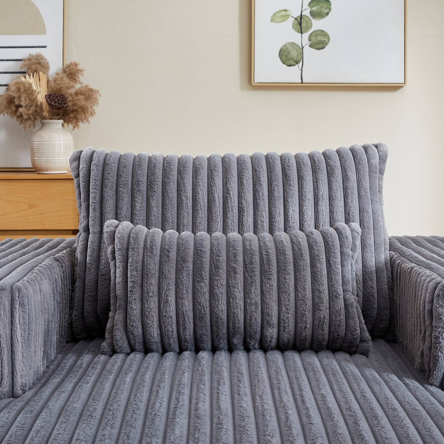 Plush grey corduroy accent pillow soft texture for sofa comfort