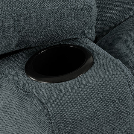Dark gray fabric recliner with builtin black cupholder