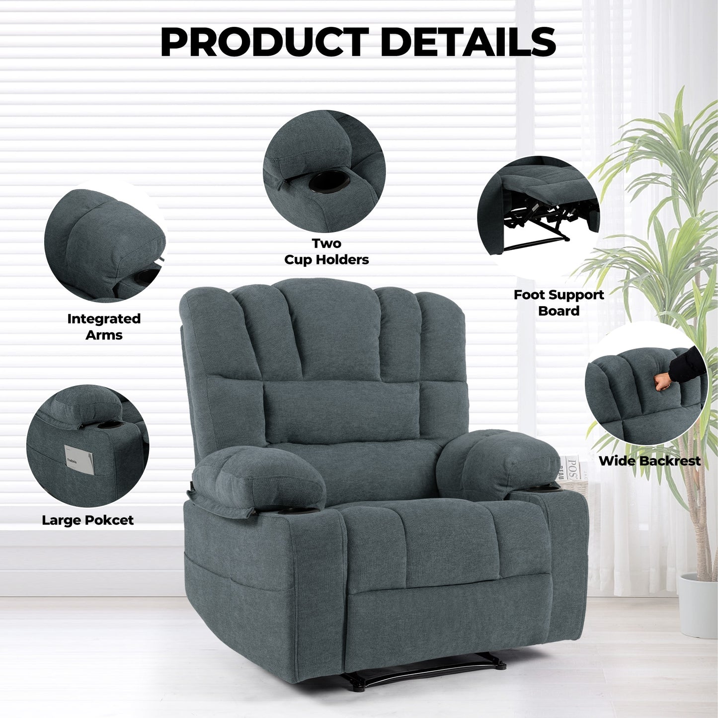 Gray fabric recliner chair with integrated arms and cup holders