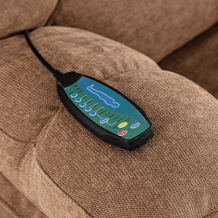 Closeup of a brown fabric recliner remote control with massage settings