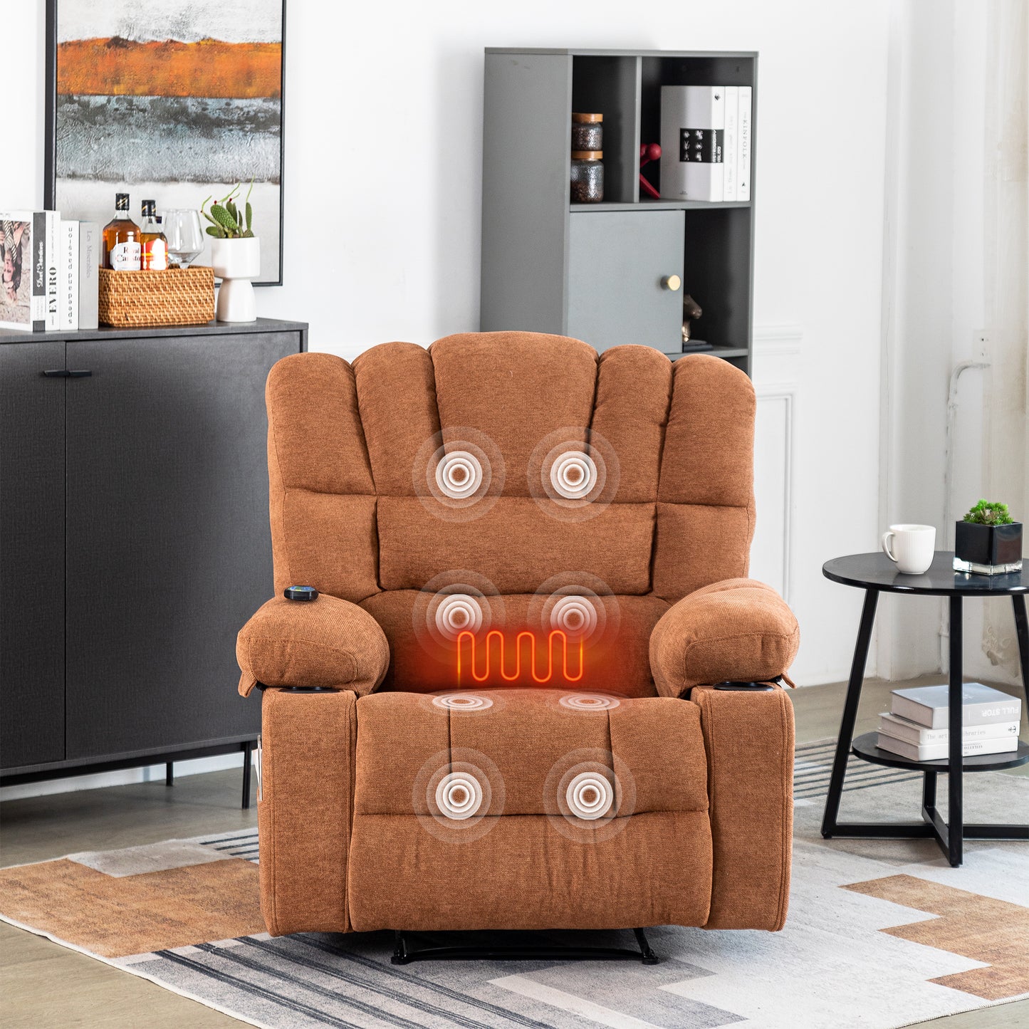 Brown fabric recliner chair with heat and massage features for ultimate relaxation